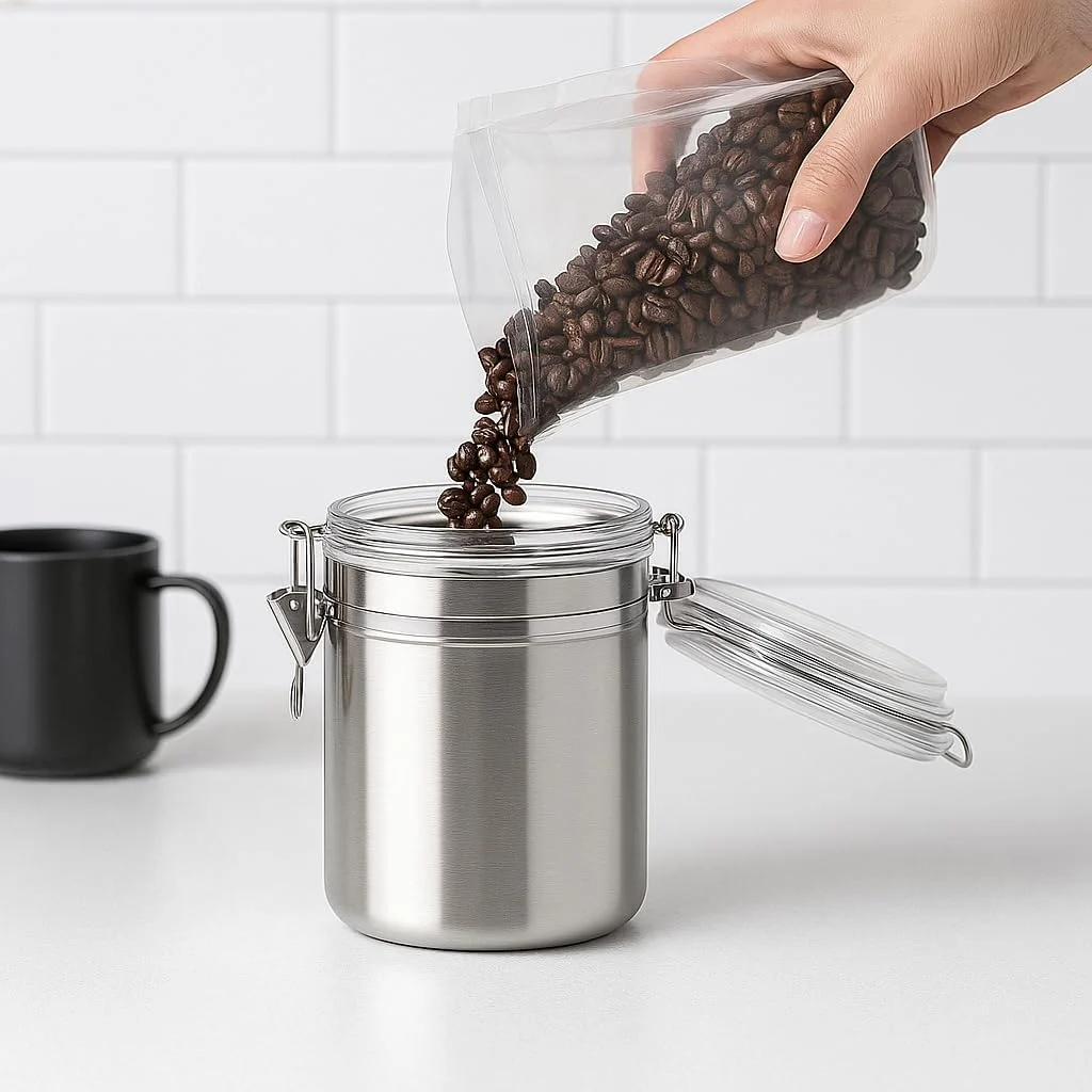 ظرف استیل 1.1 لیتری (900 گرم) - شیشه نگهداری چای، قهوه و شکر با درب شفاف - ظرف آشپزخانه برای استفاده در انبار، روی میز یا کافه - Mistrys
