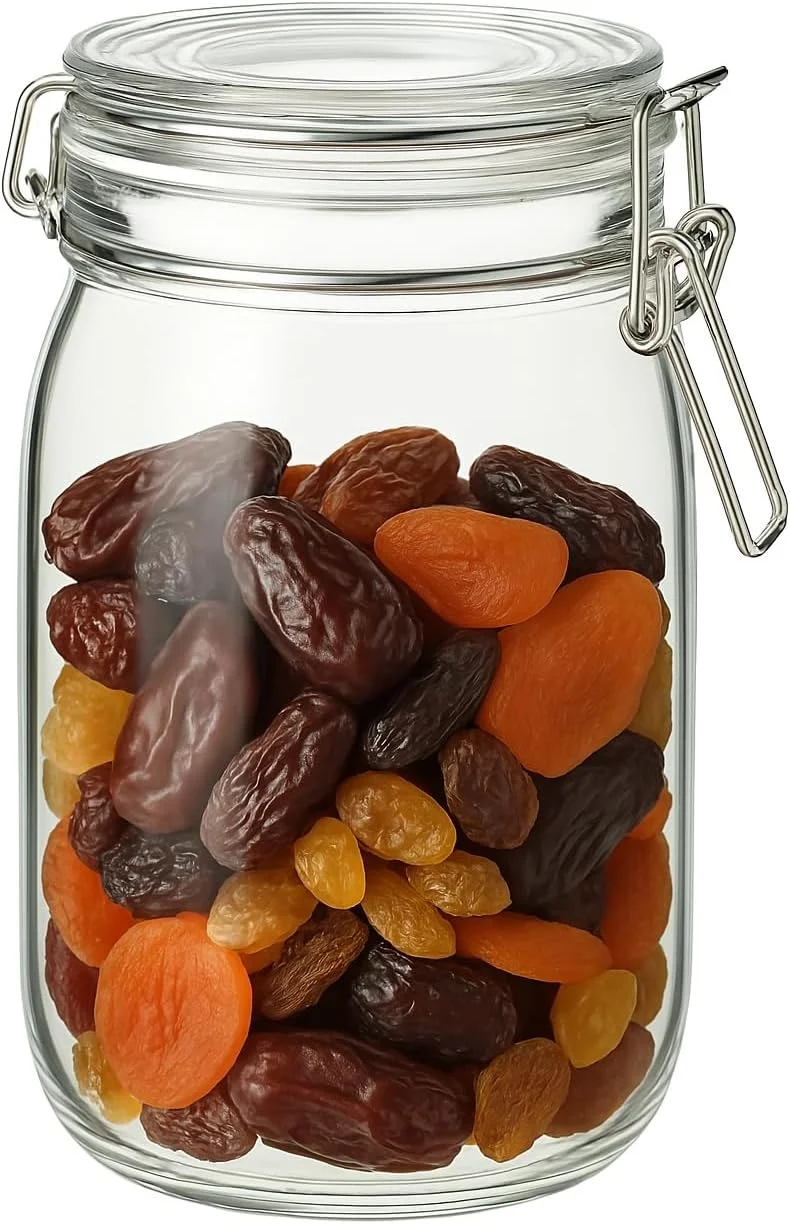 ست ظروف شیشه ای درب دار، ظروف شیشه ای گیره دار با درب، ظروف درب دار گرد برای نگهداری مواد غذایی در آشپزخانه، مناسب کنسرو کردن غلات، حبوبات، ترشی، ادویه جات، میوه خشک، میوه های نگهداری شده (300 میلی لیتر، 3 عدد)