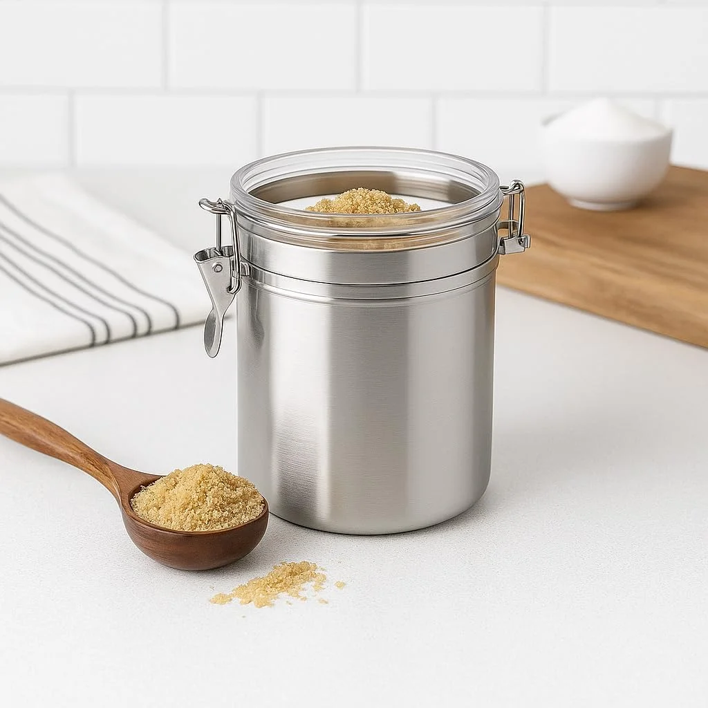 ظرف استیل 1.1 لیتری (900 گرم) - شیشه نگهداری چای، قهوه و شکر با درب شفاف - ظرف آشپزخانه برای استفاده در انبار، روی میز یا کافه - Mistrys