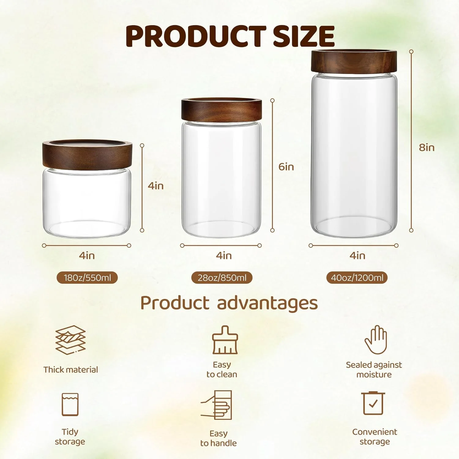 شیشه جار 1200 میلی لیتری/40 اونسی با درب پیچی چوبی هواگیر، محفظه نگهداری شفاف، ظرف نگهدارنده تزئینی بزرگ برای قهوه، آرد، چاشنی، شکر، اوت میل شبانه، کلوچه، ادویه، آبنبات، نمک، فلفل