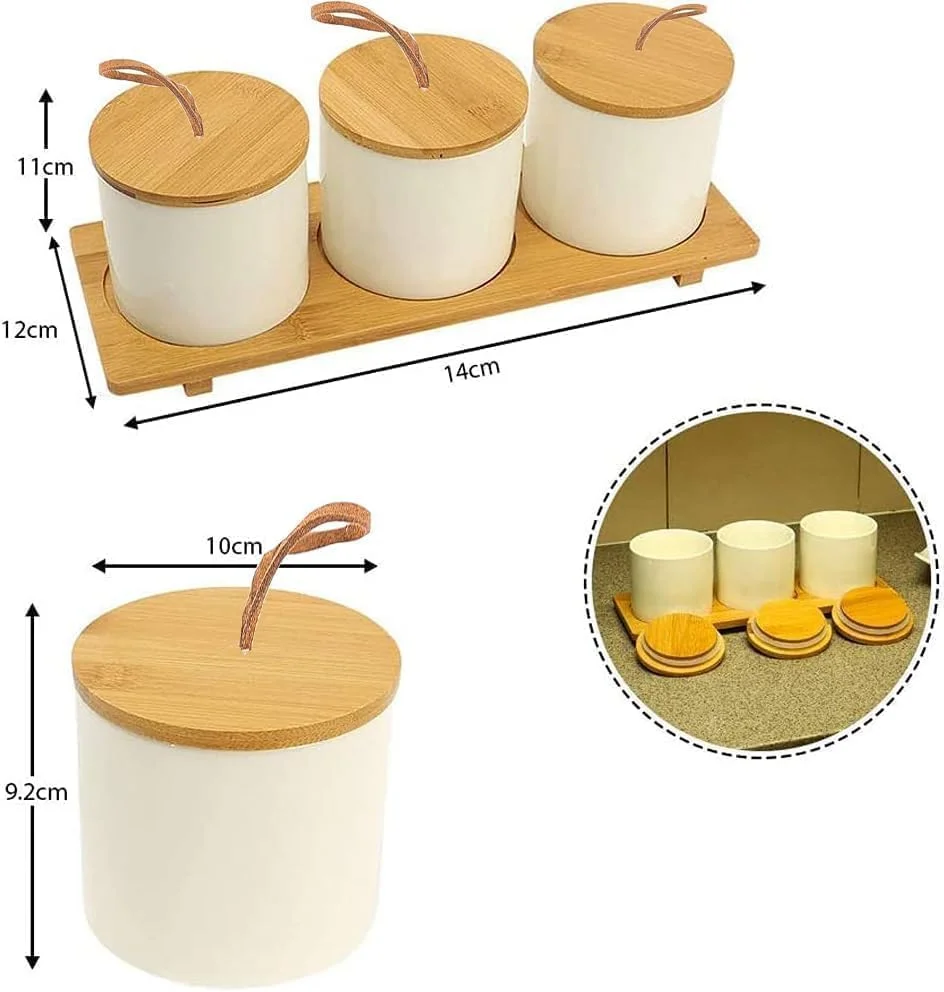 جا ادویه ای سرامیکی طرح وینتیج جانز دکور، ست 3 عددی با درب بامبو و قاشق - مناسب برای نگهداری قهوه، چای، شکر، آجیل و سایر مواد غذایی