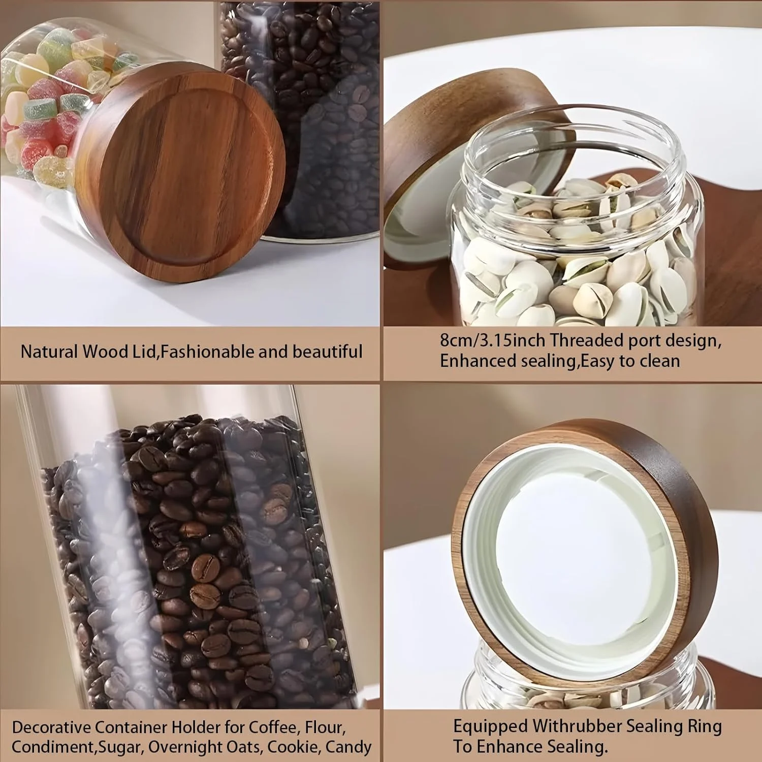 شیشه جار 1200 میلی لیتری/40 اونسی با درب پیچی چوبی هواگیر، محفظه نگهداری شفاف، ظرف نگهدارنده تزئینی بزرگ برای قهوه، آرد، چاشنی، شکر، اوت میل شبانه، کلوچه، ادویه، آبنبات، نمک، فلفل