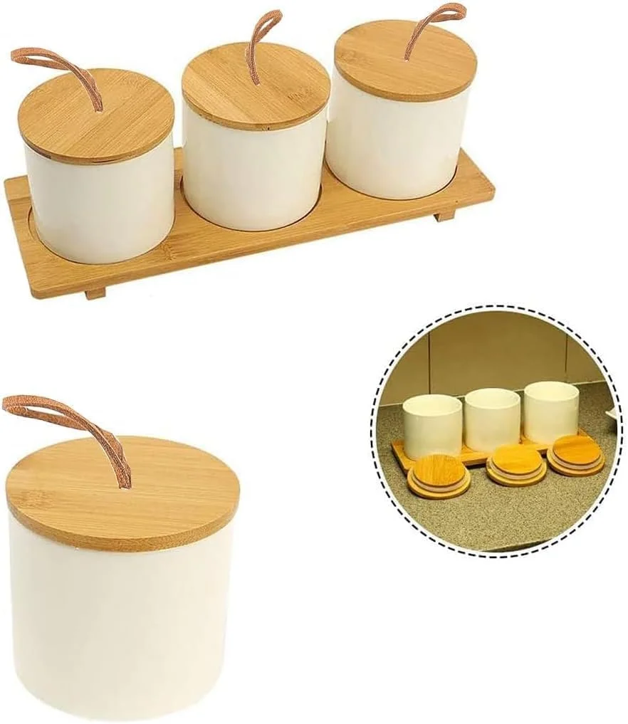 جا ادویه ای سرامیکی طرح وینتیج جانز دکور، ست 3 عددی با درب بامبو و قاشق - مناسب برای نگهداری قهوه، چای، شکر، آجیل و سایر مواد غذایی