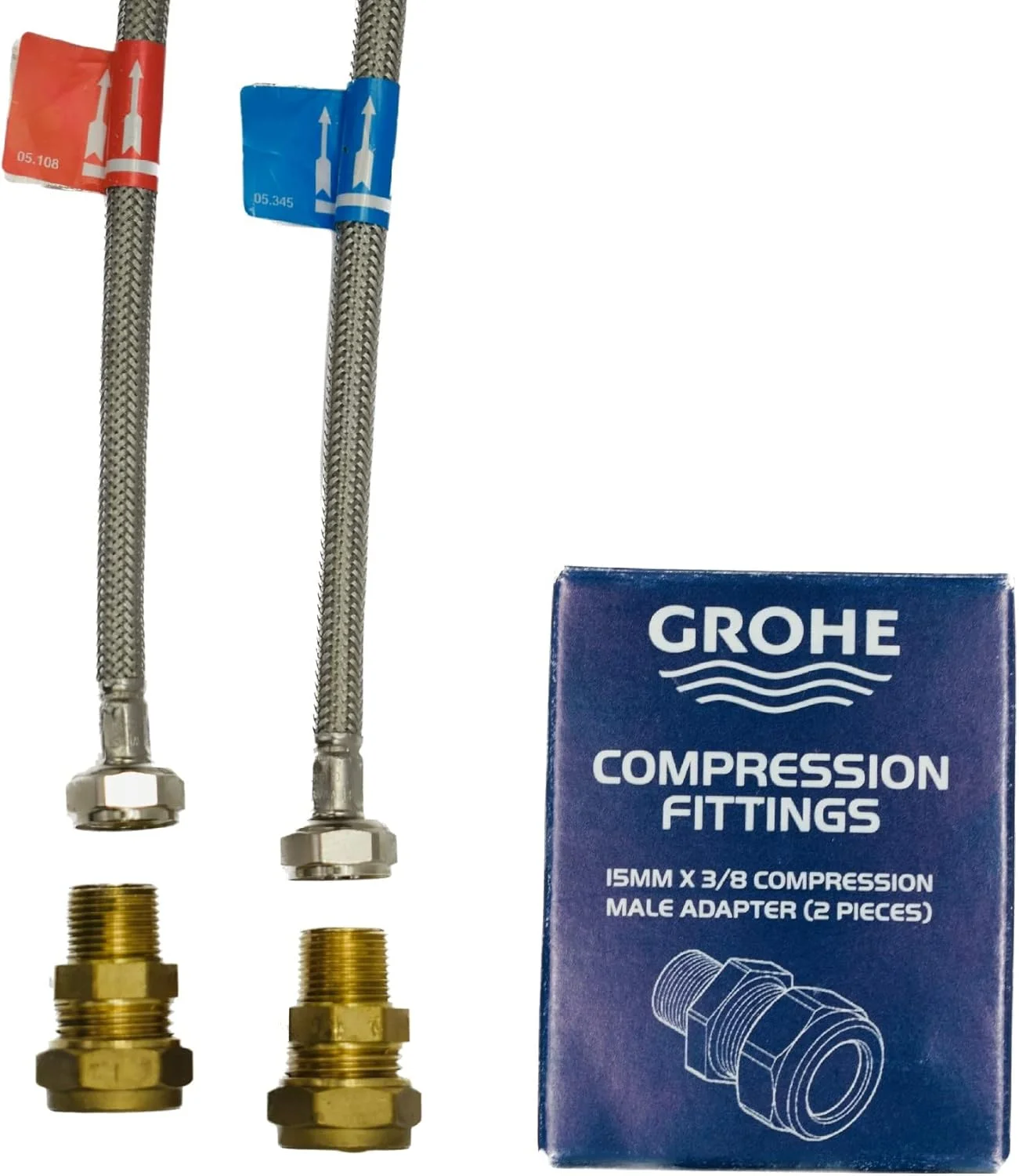 GROHE 127804 یک جفت آداپتور برای اتصالات بریتانیایی، تبدیل 15 میلی متر فشاری به 3/8 اینچ BSP رزوه نر، برنجی