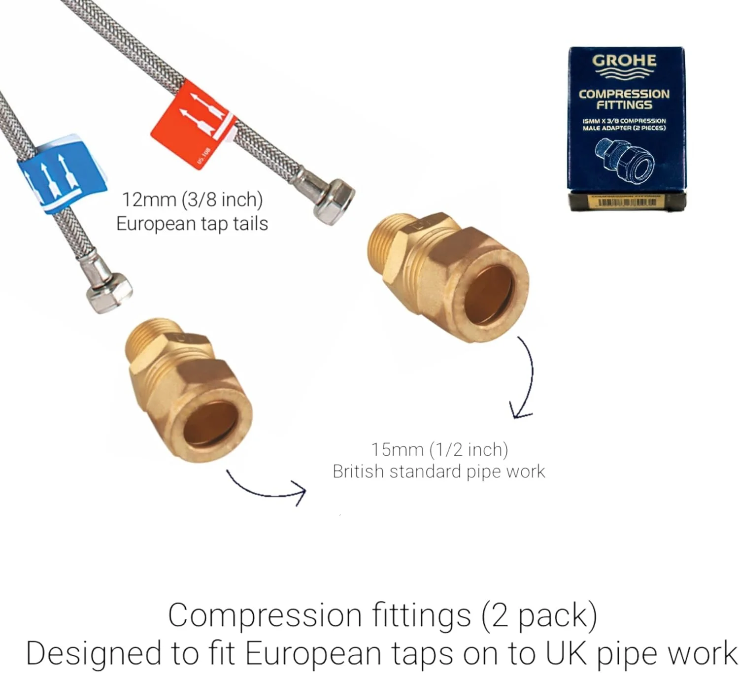 GROHE 127804 یک جفت آداپتور برای اتصالات بریتانیایی، تبدیل 15 میلی متر فشاری به 3/8 اینچ BSP رزوه نر، برنجی