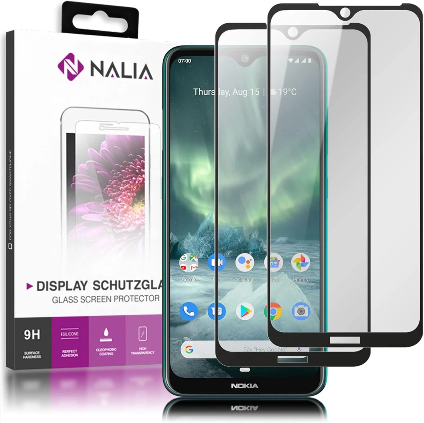 محافظ صفحه نمایش شیشه ای NALIA سازگار با نوکیا 6.2، پوشش کامل 9H، محافظ صفحه نمایش فیلم شیشه ای مقاوم، شفاف کریستالی - مشکی شفاف (بسته 2 عددی)