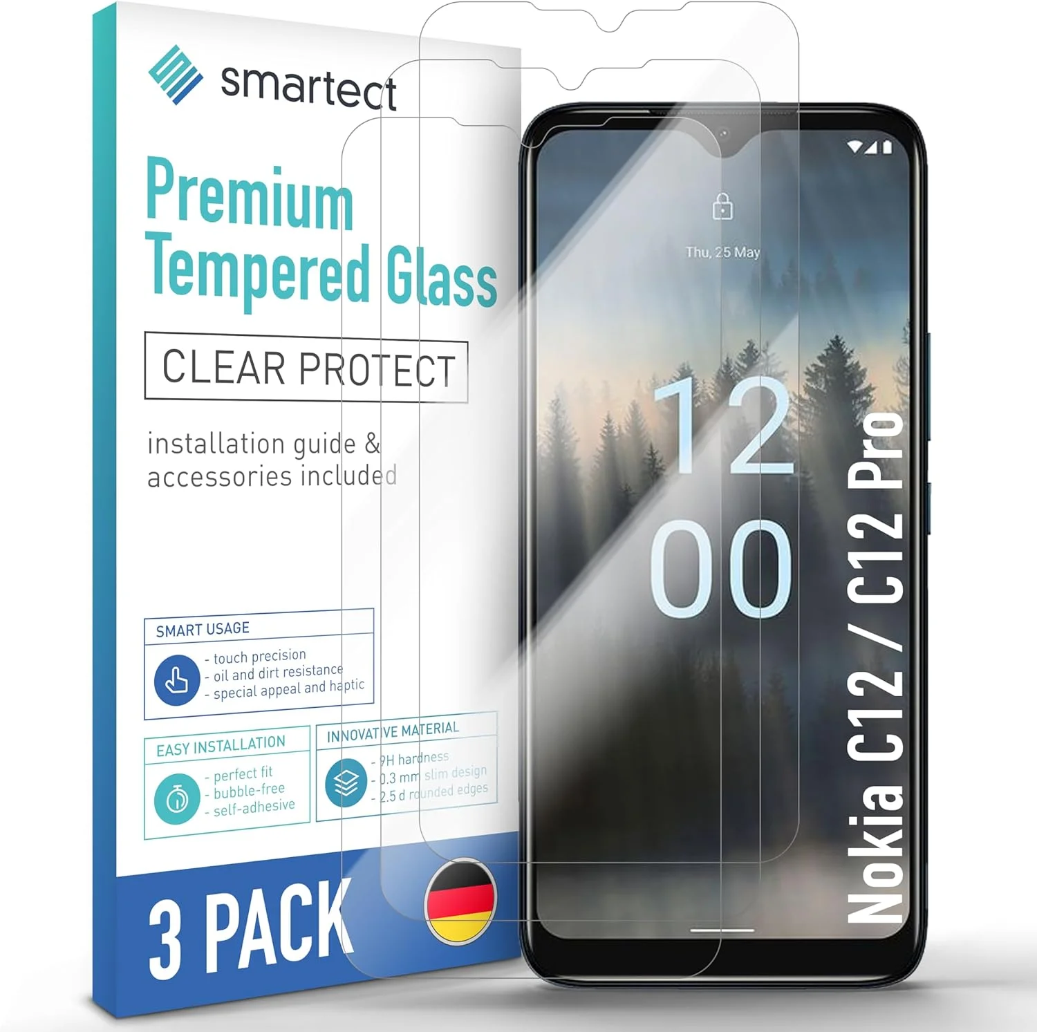محافظ صفحه نمایش شیشه ای حرارت دیده [3 عدد، شفاف] smartect برای نوکیا C12 / C12 Pro، محافظ صفحه نمایش HD، ضد خش، بدون حباب، سختی 9H، 0.3 میلی متر، فوق العاده شفاف، مقاوم