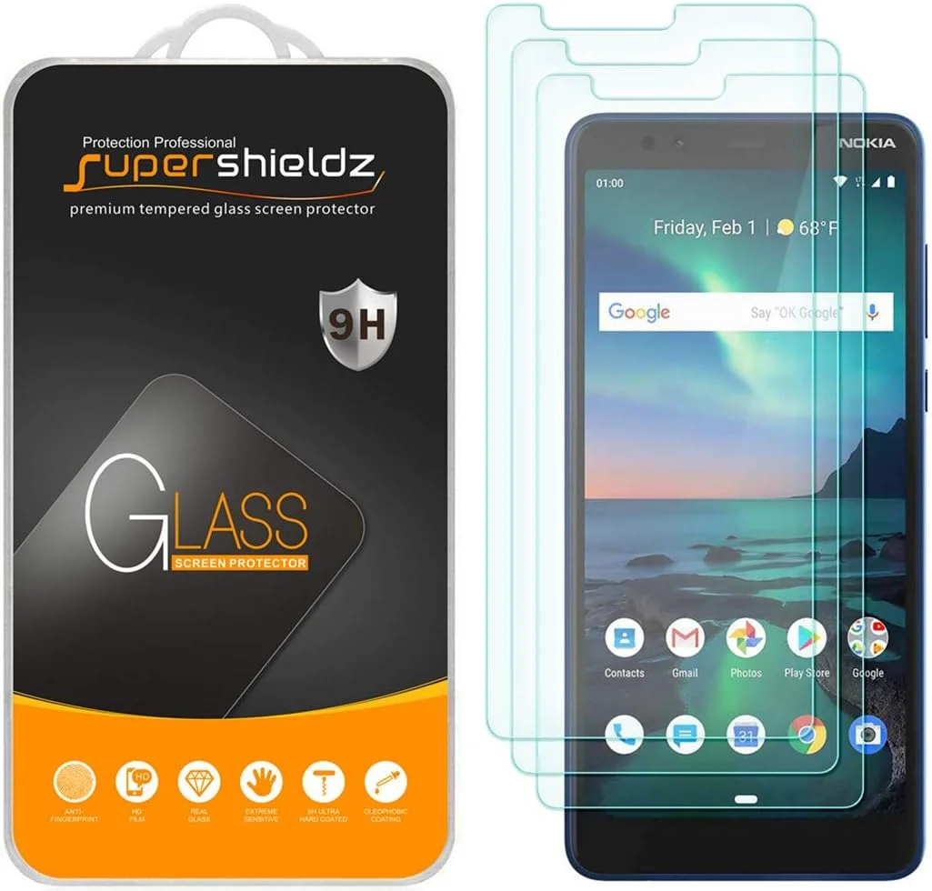محافظ صفحه نمایش شیشه ای حرارت دیده سوپرشیلدز (3 عدد) برای نوکیا 3.1 پلاس (نسخه US Cricket Wireless)، ضد خش، بدون حباب
