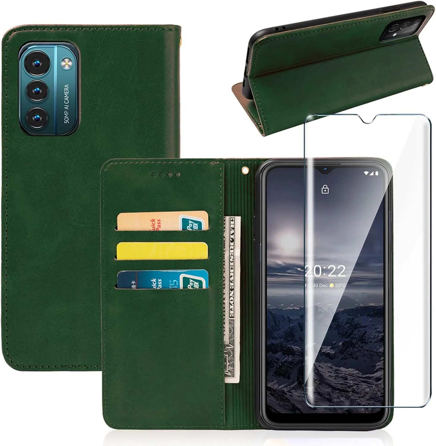 کیف کلاسوری چرمی MYHY برای نوکیا G21 + محافظ صفحه نمایش شیشه ای حرارت دیده