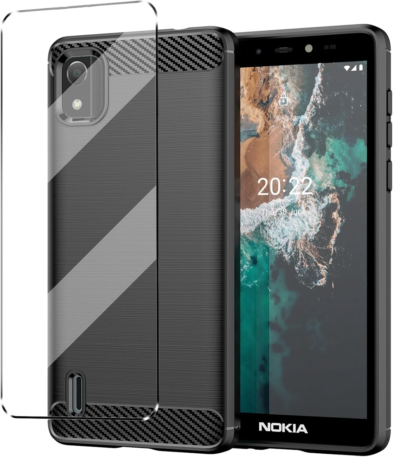 کاور سازگار با نوکیا C2 ویرایش دوم به همراه یک محافظ صفحه نمایش شیشه ای حرارت دیده برای نوکیا C2 ویرایش دوم، کاور محافظ گوشی باریک و نرم TPU ضد ضربه و ضد خش - مشکی