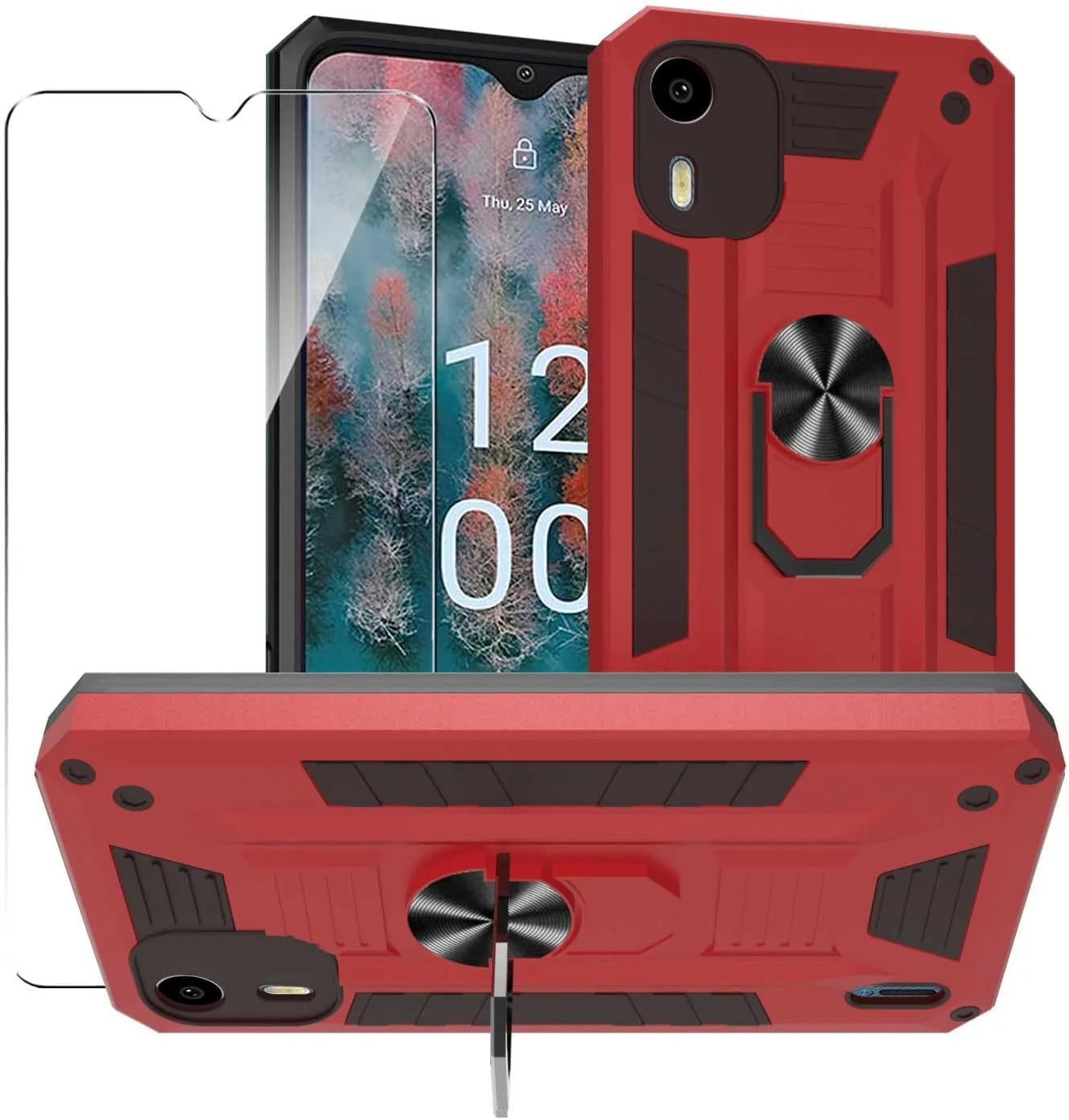 کاور MIBZOR سازگار با نوکیا C12 / نوکیا C12 پلاس / نوکیا C12 پرو (6.3 اینچ)، 1 عدد قاب قرمز و 1 عدد محافظ صفحه نمایش شیشه ای حرارت دیده، قاب ضد ضربه PC + TPU با پایه چرخان 360 درجه