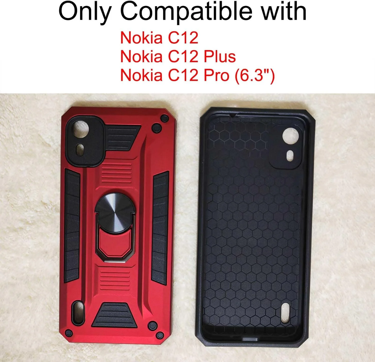 کاور MIBZOR سازگار با نوکیا C12 / نوکیا C12 پلاس / نوکیا C12 پرو (6.3 اینچ)، 1 عدد قاب قرمز و 1 عدد محافظ صفحه نمایش شیشه ای حرارت دیده، قاب ضد ضربه PC + TPU با پایه چرخان 360 درجه