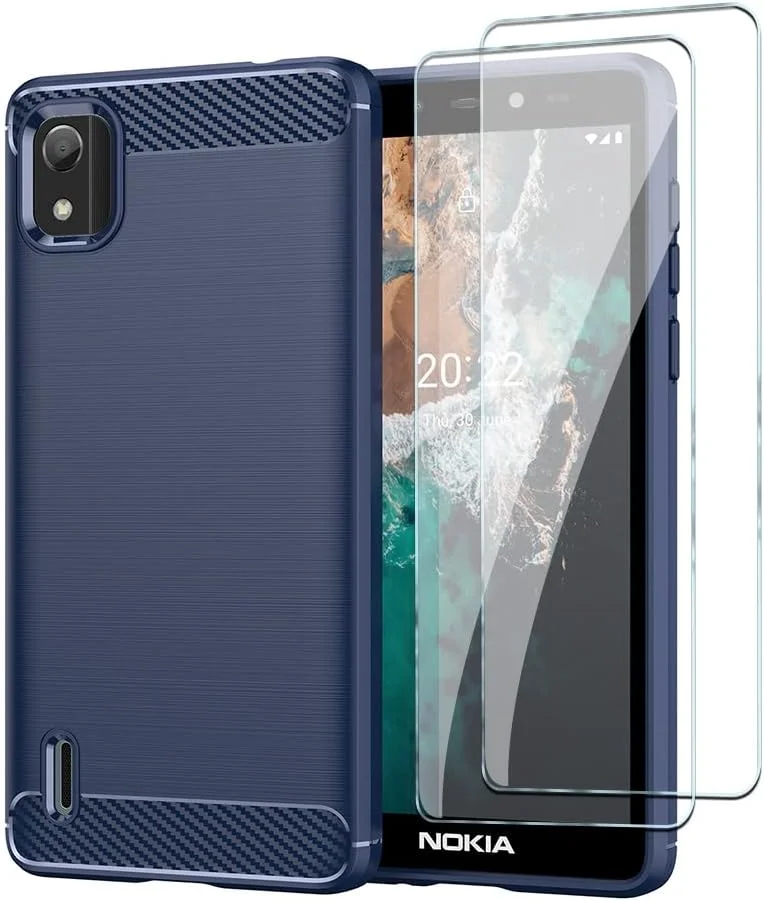 کیف محافظ گوشی QINOUK برای نوکیا C2 ویرایش دوم، طراحی بافت برس خورده [ضد ضربه]، کیف ساخته شده از مواد TPU انعطاف پذیر به همراه محافظ صفحه نمایش شیشه ای حرارت دیده [2 عددی] سازگار با نوکیا C2 ویرایش دوم - آبی