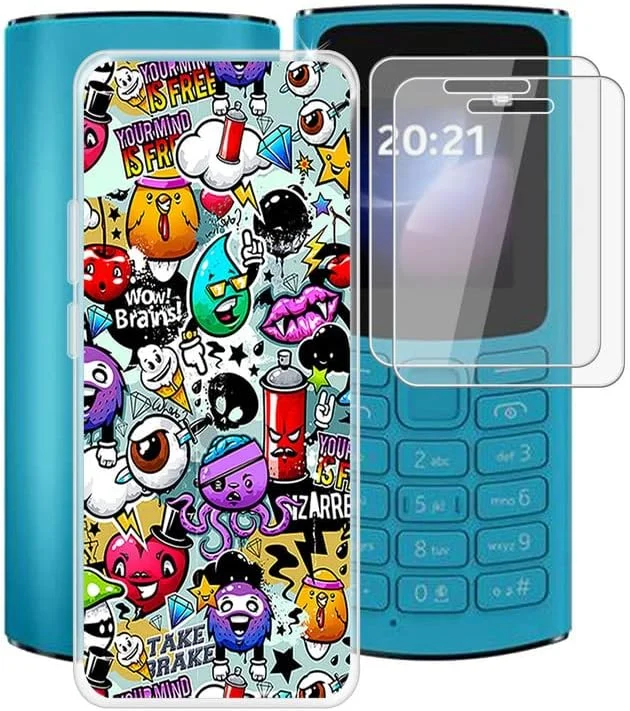 کاور تربم برای نوکیا 105 4G 2023 (1.8 اینچ) به همراه 2 عدد محافظ صفحه نمایش شیشه ای حرارت دیده، کاور سیلیکونی TPU نرم و ضد ضربه شفاف برای نوکیا 105 4G 2023 - طرح کارتونی
