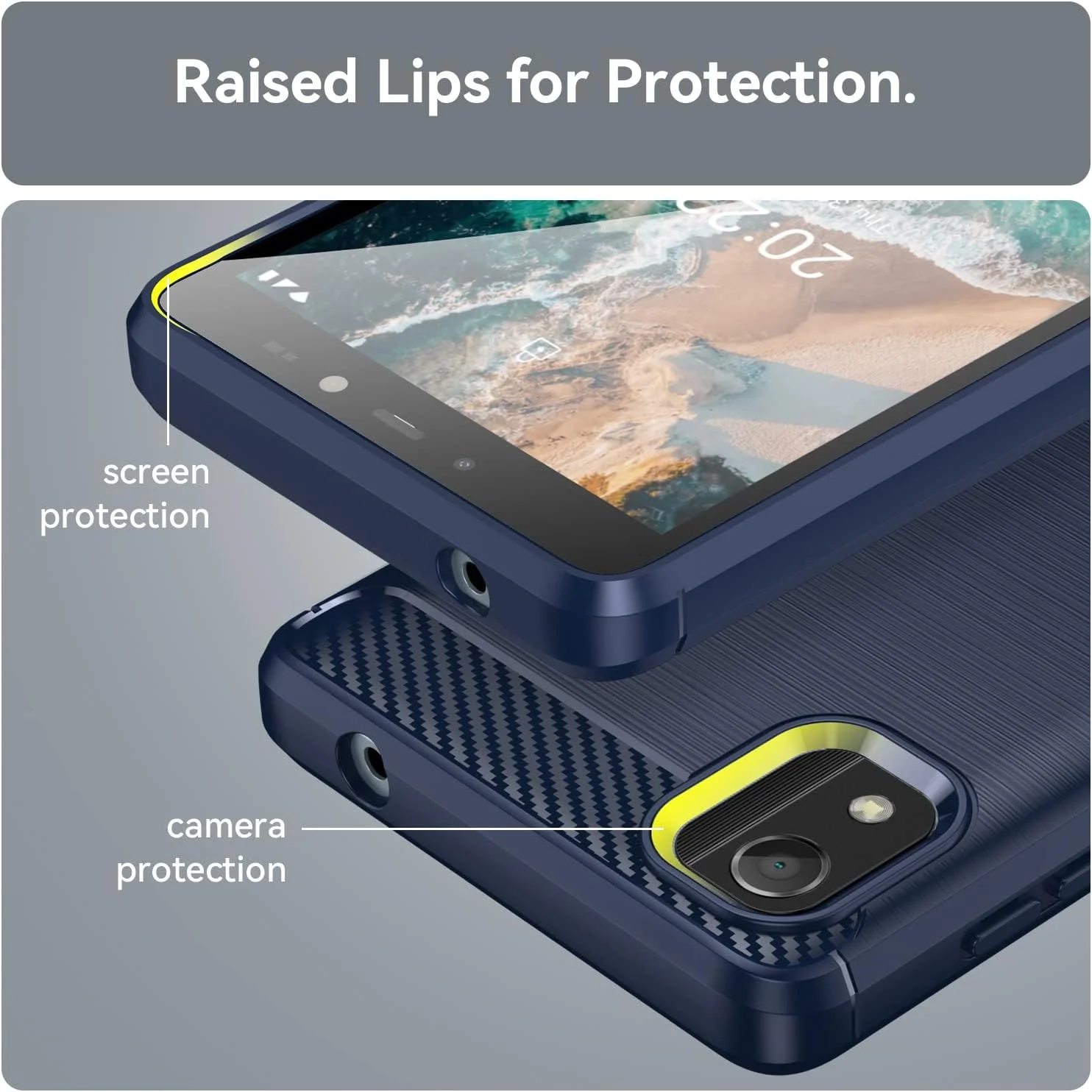 کیف محافظ گوشی QINOUK برای نوکیا C2 ویرایش دوم، طراحی بافت برس خورده [ضد ضربه]، کیف ساخته شده از مواد TPU انعطاف پذیر به همراه محافظ صفحه نمایش شیشه ای حرارت دیده [2 عددی] سازگار با نوکیا C2 ویرایش دوم - آبی