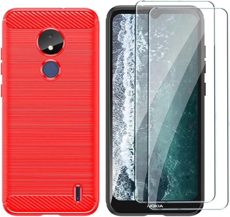 کیف محافظ گوشی QINOUK برای نوکیا C21، [ضد ضربه] [ضد اثر انگشت] طراحی بافت برس خورده، کیف ساخته شده از مواد TPU انعطاف پذیر به همراه محافظ صفحه نمایش شیشه ای حرارت دیده [2 عددی] سازگار با نوکیا C21 - قرمز
