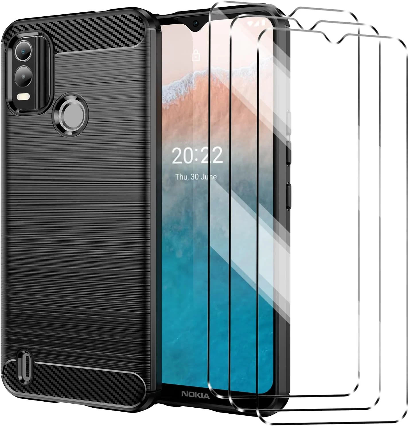 قاب گوشی HuiYouMY [چهار در یک] سازگار با نوکیا C21 Plus به همراه 3 عدد محافظ صفحه نمایش شیشه ای حرارت دیده برای نوکیا C21 Plus، قاب باریک و نرم TPU ضد ضربه و ضد خش - مشکی