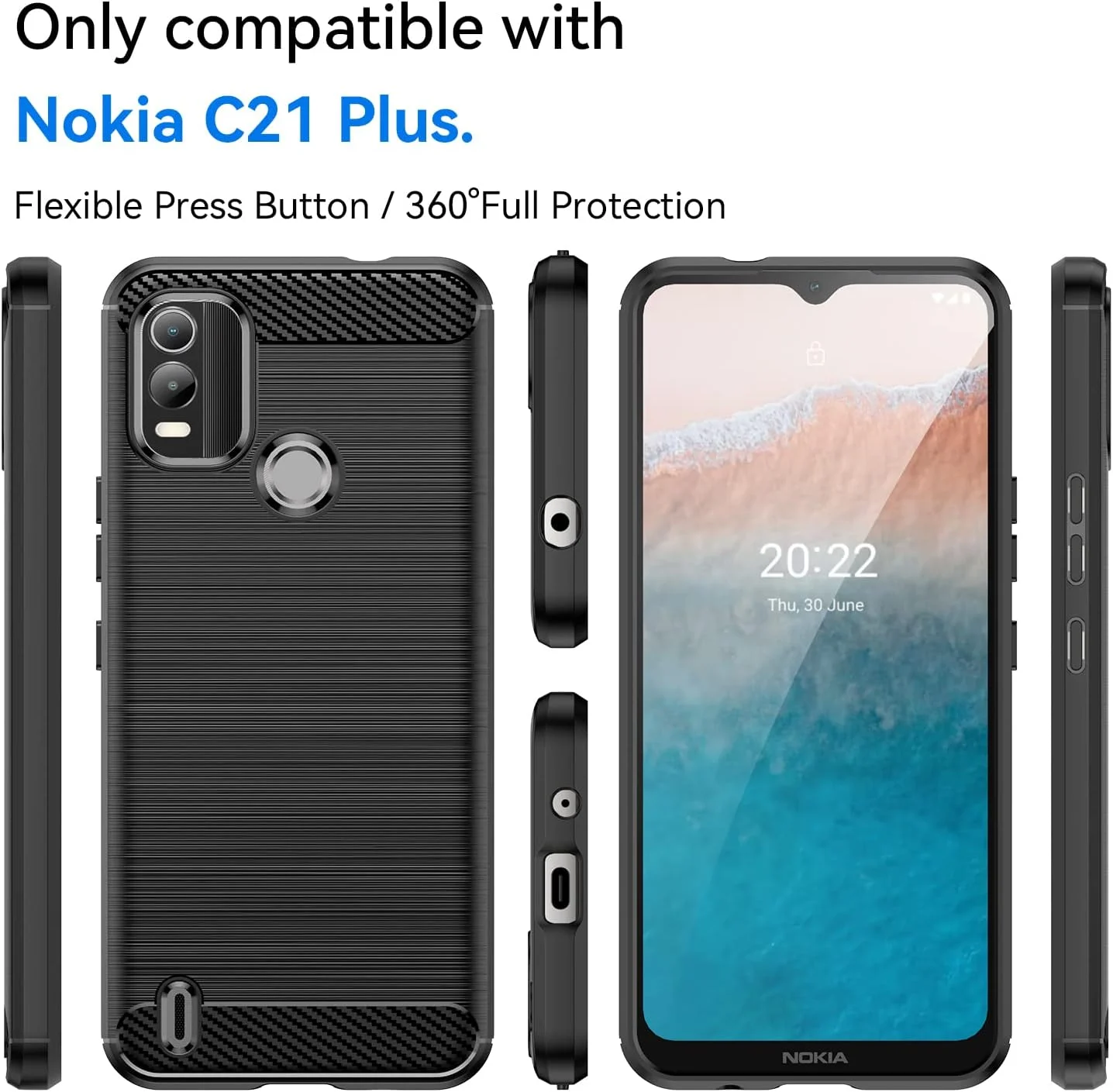 قاب گوشی HuiYouMY [چهار در یک] سازگار با نوکیا C21 Plus به همراه 3 عدد محافظ صفحه نمایش شیشه ای حرارت دیده برای نوکیا C21 Plus، قاب باریک و نرم TPU ضد ضربه و ضد خش - مشکی