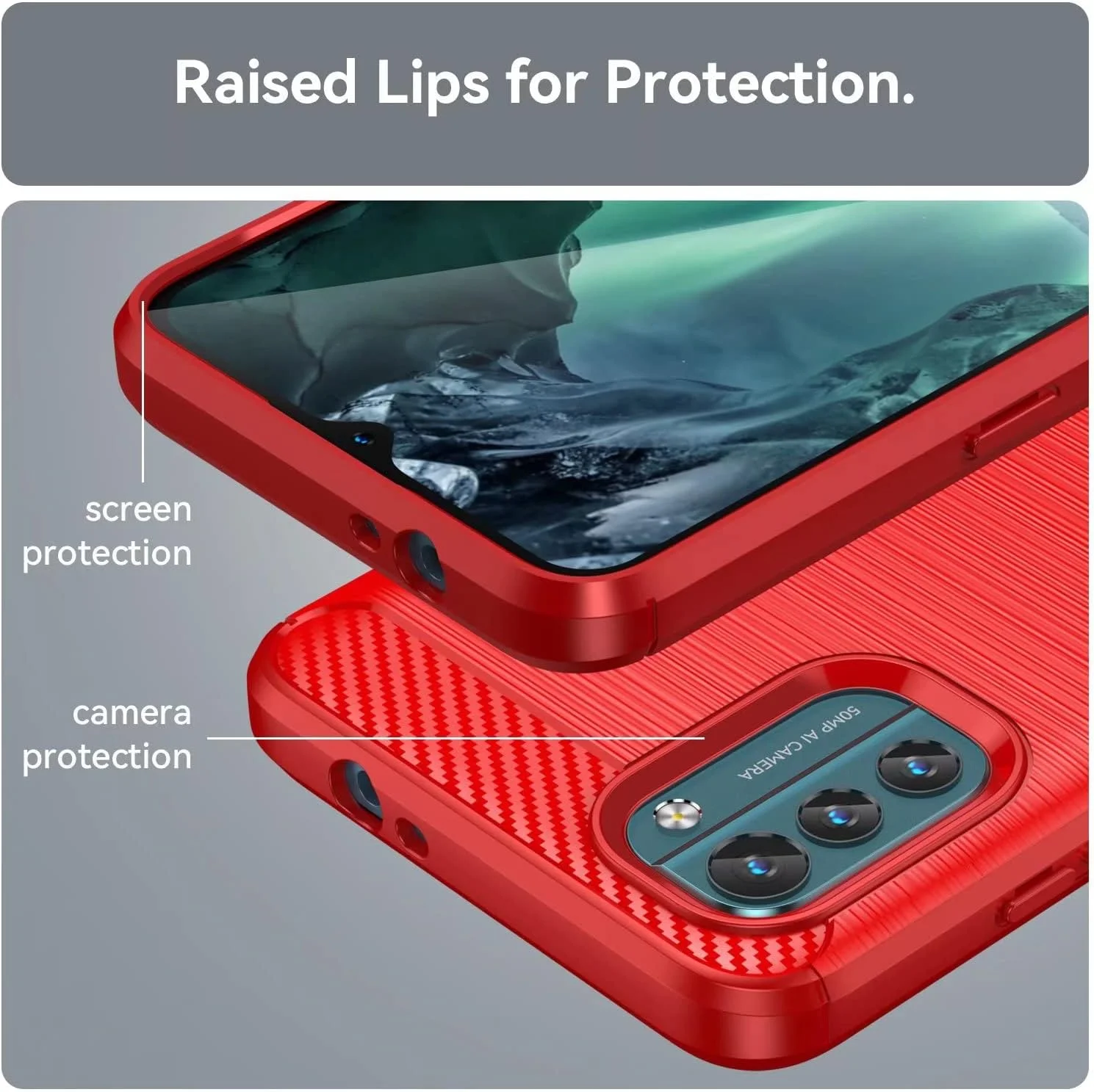 کیف محافظ گوشی QINOUK برای نوکیا C21، [ضد ضربه] [ضد اثر انگشت] طراحی بافت برس خورده، کیف ساخته شده از مواد TPU انعطاف پذیر به همراه محافظ صفحه نمایش شیشه ای حرارت دیده [2 عددی] سازگار با نوکیا C21 - قرمز