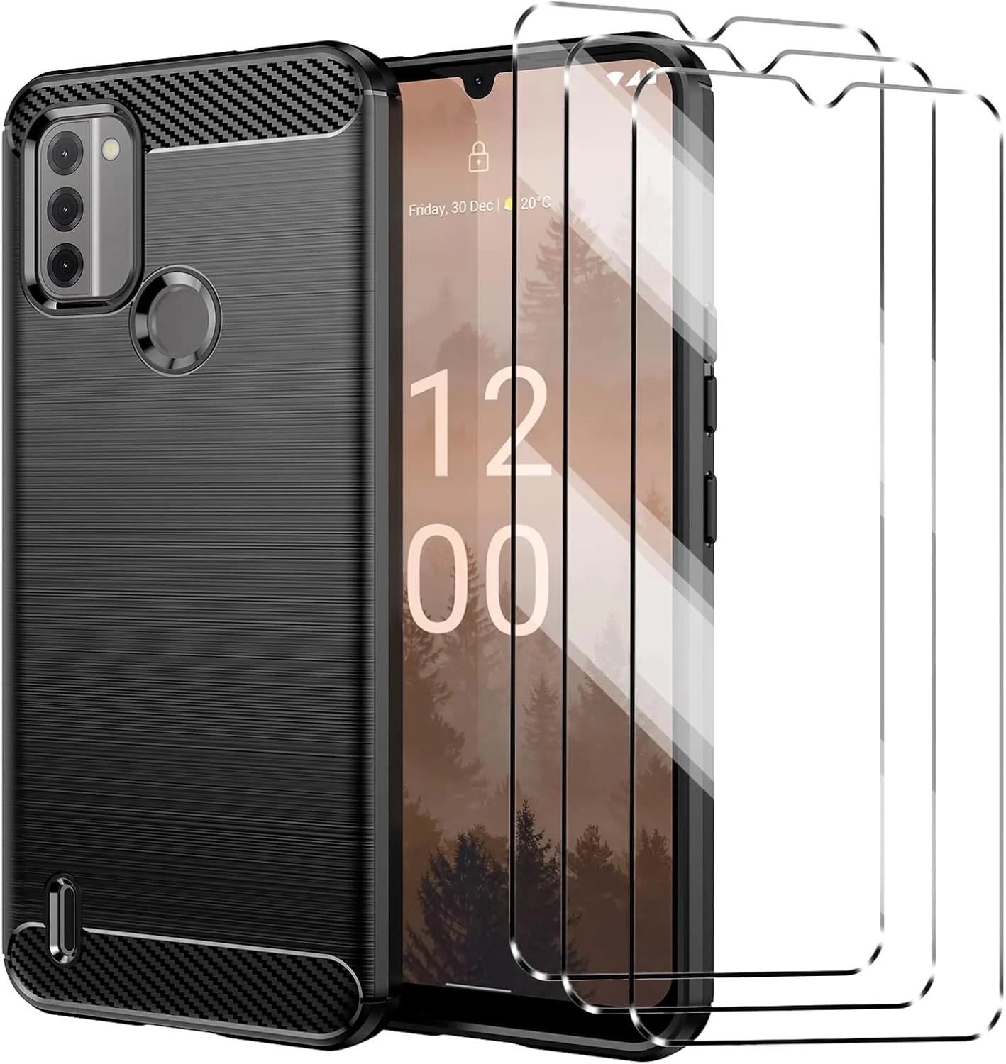 کاور محافظ هوشمند HuiYouMY [چهار در یک] سازگار با نوکیا C31 5G به همراه 3 عدد محافظ صفحه نمایش شیشه ای حرارت دیده برای نوکیا C31 5G، کاور محافظ گوشی باریک، نرم، TPU، ضد ضربه و ضد خش - مشکی