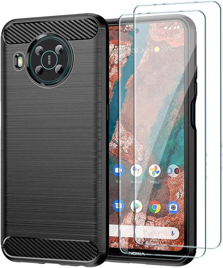 کیف محافظ گوشی QINOUK برای نوکیا X100، طراحی بافت برس خورده [ضد ضربه] [ضد اثر انگشت]، کیف ساخته شده از مواد انعطاف پذیر TPU به همراه محافظ صفحه نمایش شیشه ای حرارت دیده [2 عددی] سازگار با نوکیا X100 - مشکی