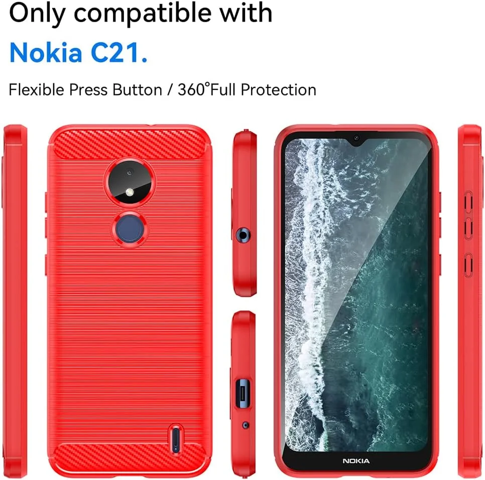 کیف محافظ گوشی QINOUK برای نوکیا C21، [ضد ضربه] [ضد اثر انگشت] طراحی بافت برس خورده، کیف ساخته شده از مواد TPU انعطاف پذیر به همراه محافظ صفحه نمایش شیشه ای حرارت دیده [2 عددی] سازگار با نوکیا C21 - قرمز