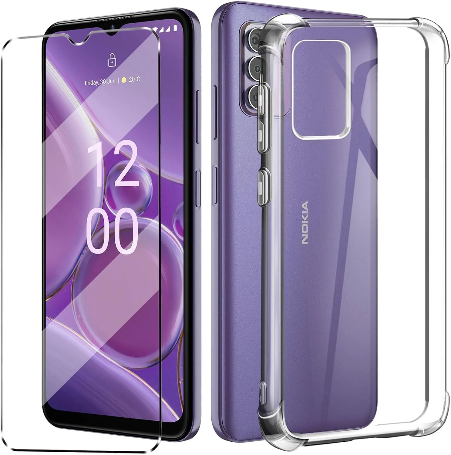 کاور محافظ [2 در 1] سازگار با نوکیا G42 به همراه یک محافظ صفحه نمایش شیشه ای حرارت دیده برای نوکیا G42، کاور باریک و نرم TPU ضد ضربه و ضد خش - شفاف