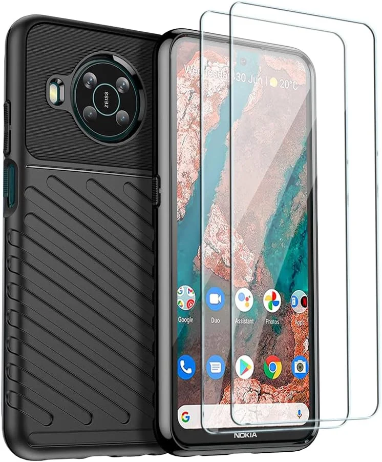 کیف محافظ گوشی نوکیا X100 از QINOUK، [ضد ضربه] کیف محافظ سیلیکونی به همراه [2 عدد] محافظ صفحه نمایش شیشه ای حرارت دیده سازگار با نوکیا X100 - مشکی