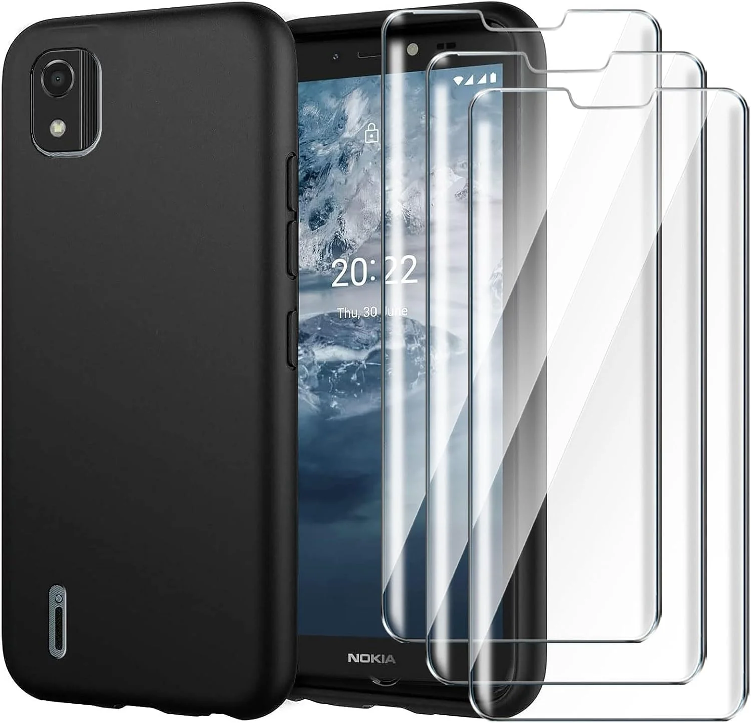کاور [4 در 1] سازگار با نوکیا C2 ویرایش دوم به همراه 3 عدد محافظ صفحه نمایش شیشه ای حرارت دیده برای نوکیا C2 ویرایش دوم، کاور باریک و نرم TPU ضد ضربه و ضد خش - مشکی