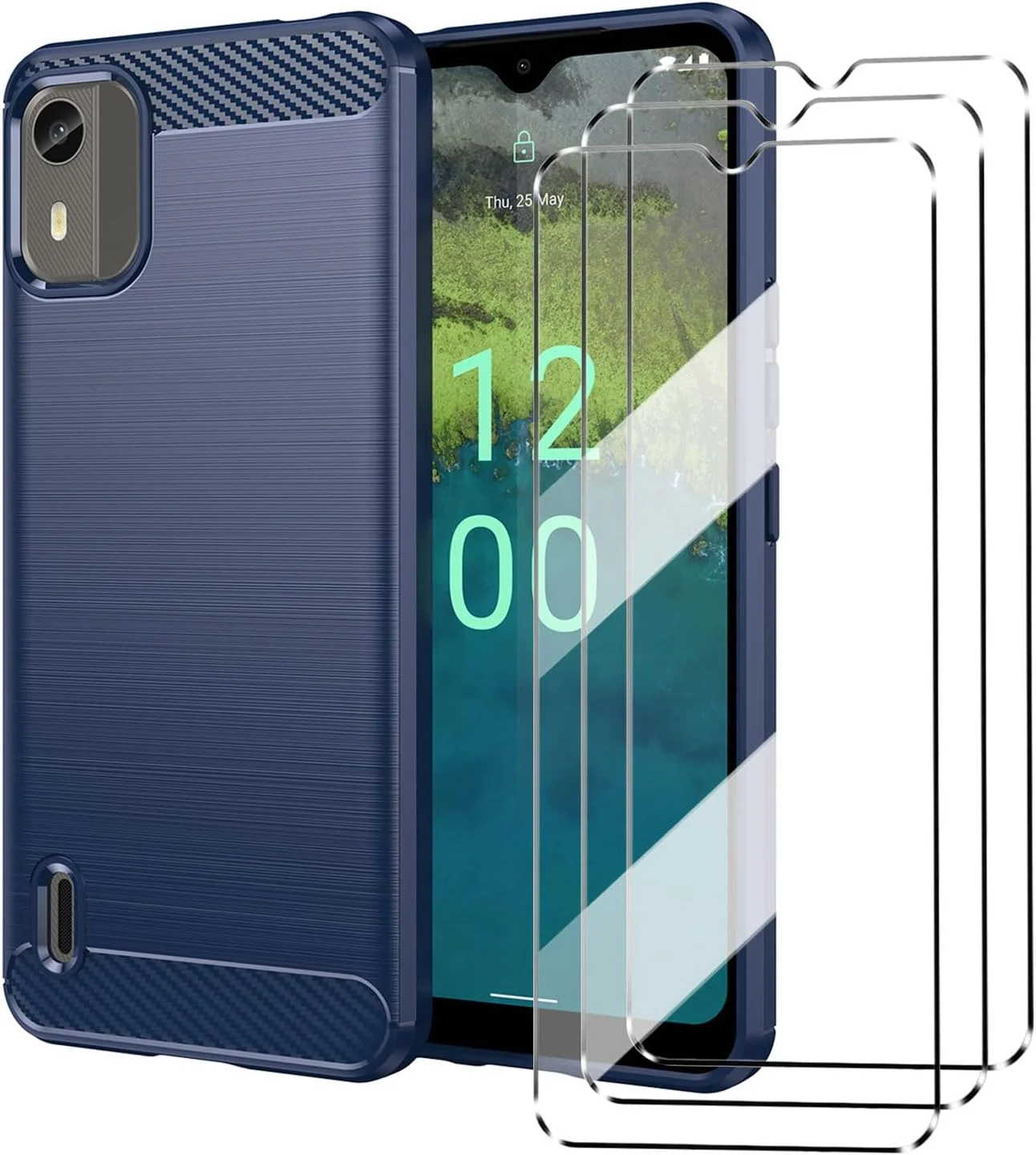 قاب گوشی HuiYouMY [چهار در یک] سازگار با NOKIA C12/C12 Pro به همراه 3 عدد محافظ صفحه نمایش شیشه ای حرارت دیده برای NOKIA C12/C12 Pro، قاب گوشی باریک و نرم TPU ضد ضربه و ضد خش - سرمه ای