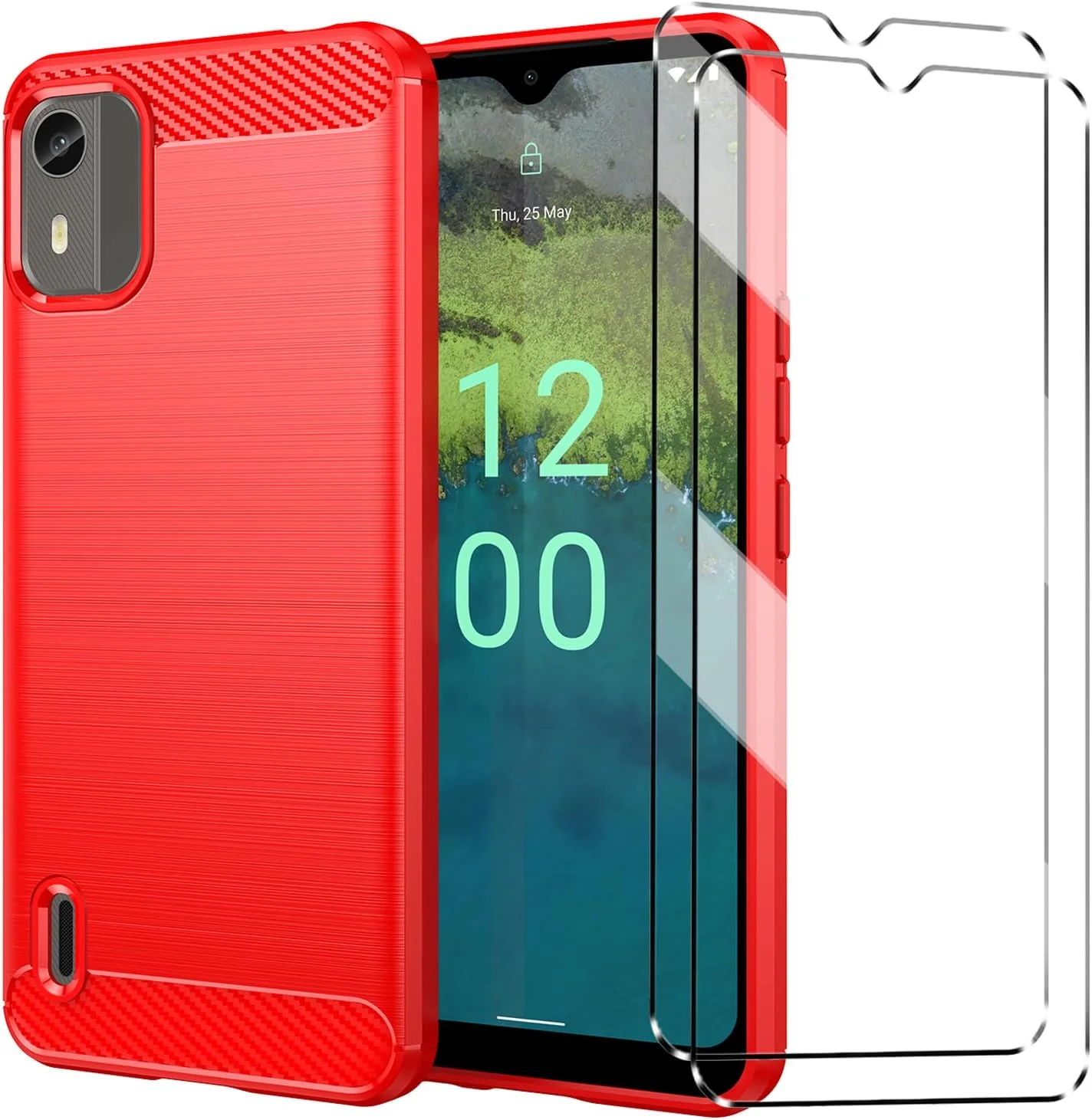 قاب محافظ سازگار با نوکیا C12 به همراه 2 عدد محافظ صفحه نمایش شیشه ای حرارت دیده برای نوکیا C12، قاب باریک و نرم TPU ضد ضربه و ضد خش - قرمز