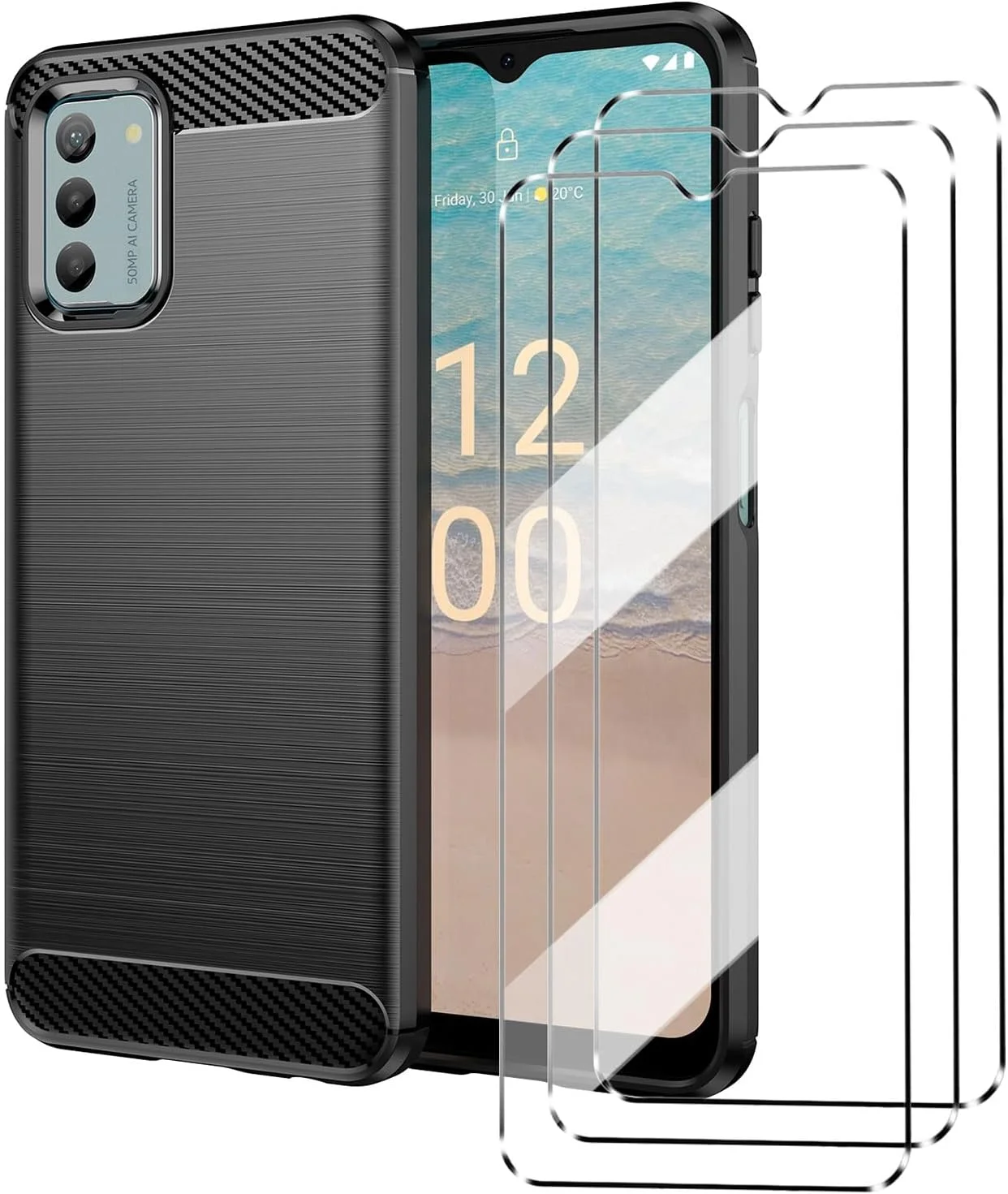 کاور گوشی هوشمند HuiYouMY [چهار در یک] سازگار با نوکیا G22 به همراه محافظ صفحه نمایش شیشه ای حرارت دیده (3 عدد)، کاور محافظ TPU نرم و باریک ضد ضربه و ضد خش - مشکی