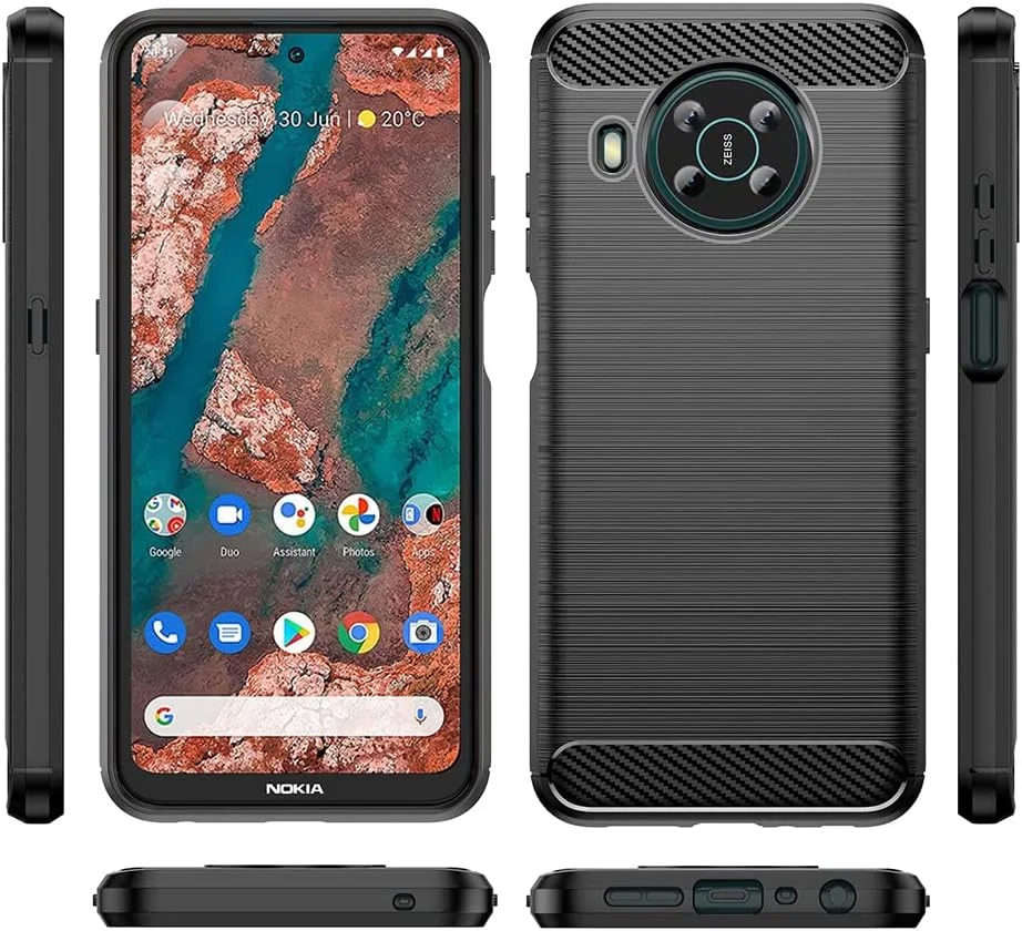 کیف محافظ گوشی QINOUK برای نوکیا X100، طراحی بافت برس خورده [ضد ضربه] [ضد اثر انگشت]، کیف ساخته شده از مواد انعطاف پذیر TPU به همراه محافظ صفحه نمایش شیشه ای حرارت دیده [2 عددی] سازگار با نوکیا X100 - مشکی