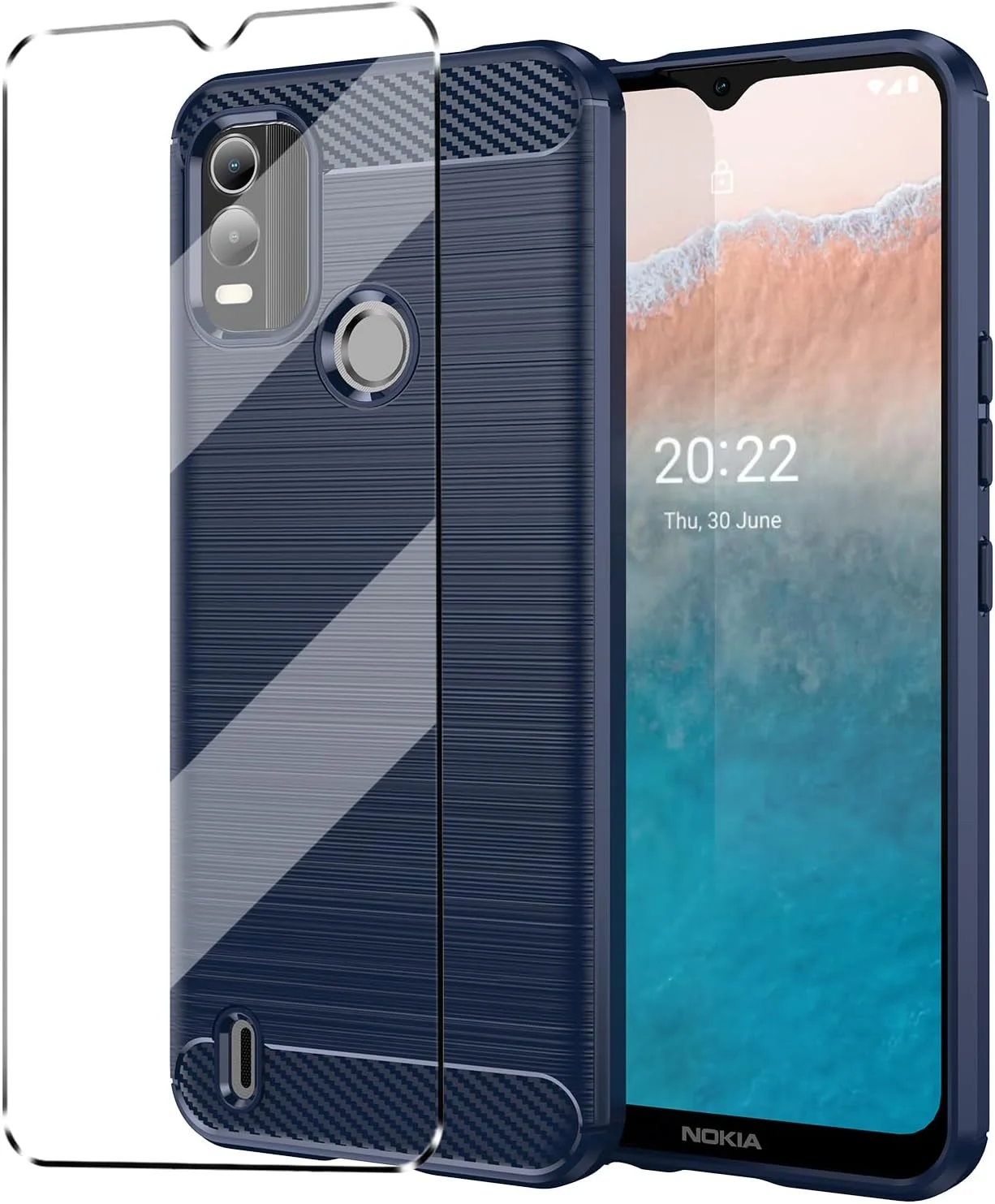 قاب محافظ سازگار با نوکیا C21 پلاس به همراه یک محافظ صفحه نمایش شیشه ای حرارت دیده برای نوکیا C21 پلاس، قاب گوشی باریک و نرم TPU ضد ضربه و ضد خش - سرمه ای