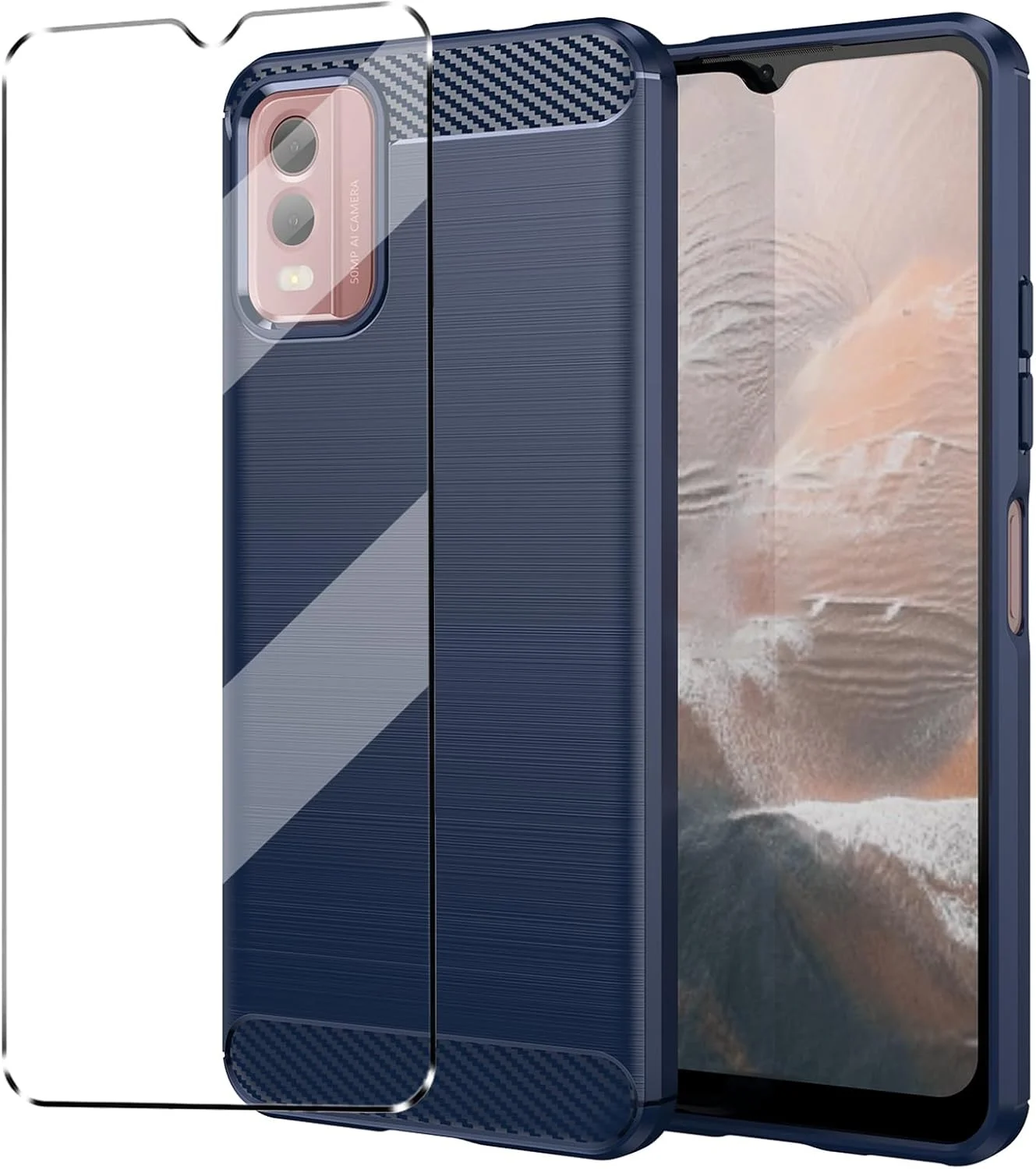 کاور سازگار با نوکیا C32 به همراه یک محافظ صفحه نمایش شیشه ای حرارت دیده برای نوکیا C32، کاور باریک و نرم TPU ضد ضربه و ضد خش - سرمه ای