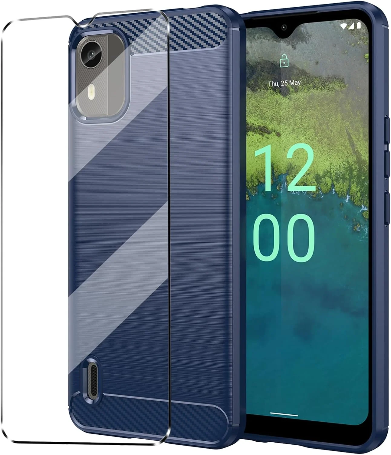 قاب محافظ سازگار با NOKIA C12 به همراه یک محافظ صفحه نمایش شیشه ای حرارت دیده برای NOKIA C12، قاب باریک و نرم TPU ضد ضربه و ضد خش - سرمه ای