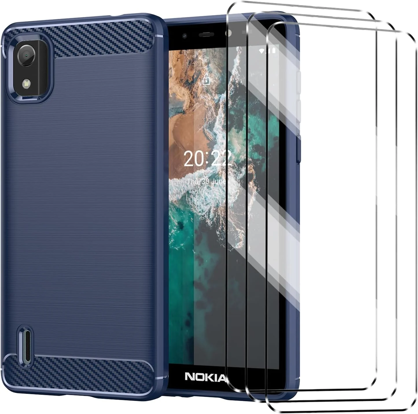 کاور محافظ [4 در 1] سازگار با نوکیا c2 ویرایش دوم به همراه 3 عدد محافظ صفحه نمایش شیشه ای حرارت دیده برای نوکیا c2 ویرایش دوم، کاور محافظ گوشی باریک و نرم TPU ضد ضربه و ضد خش - سرمه ای