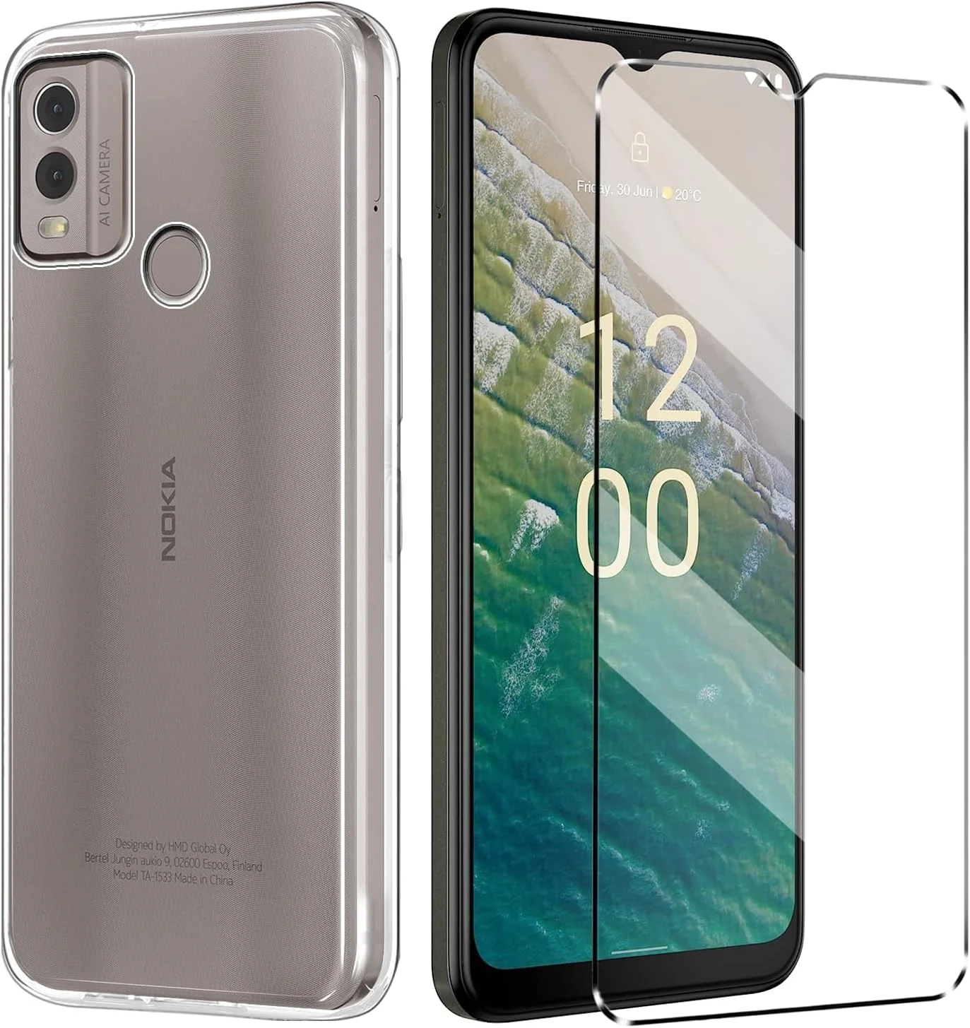 کاور 2 در 1 سازگار با NOKIA C32 به همراه یک محافظ صفحه نمایش شیشه ای حرارت دیده برای NOKIA C32، کاور باریک و نرم TPU ضد ضربه و ضد خش - شفاف