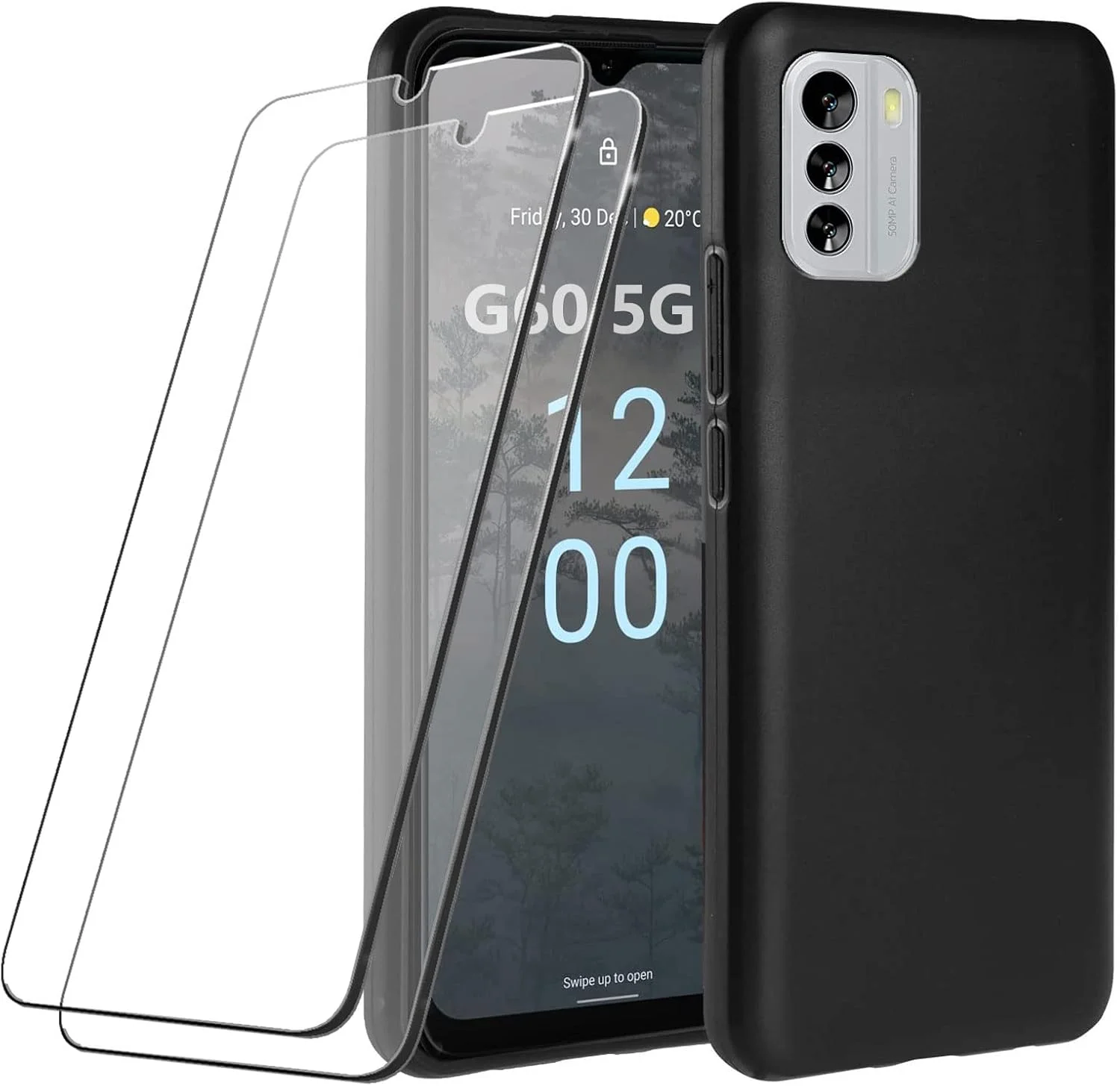 کاور LYJERRY برای نوکیا G60 5G + 2 عدد محافظ صفحه نمایش شیشه ای حرارت دیده برای نوکیا G60 5G، کاور محافظ TPU سبک وزن، کاور سیلیکونی لاستیکی گوشی، شیشه محافظ 9H، مشکی