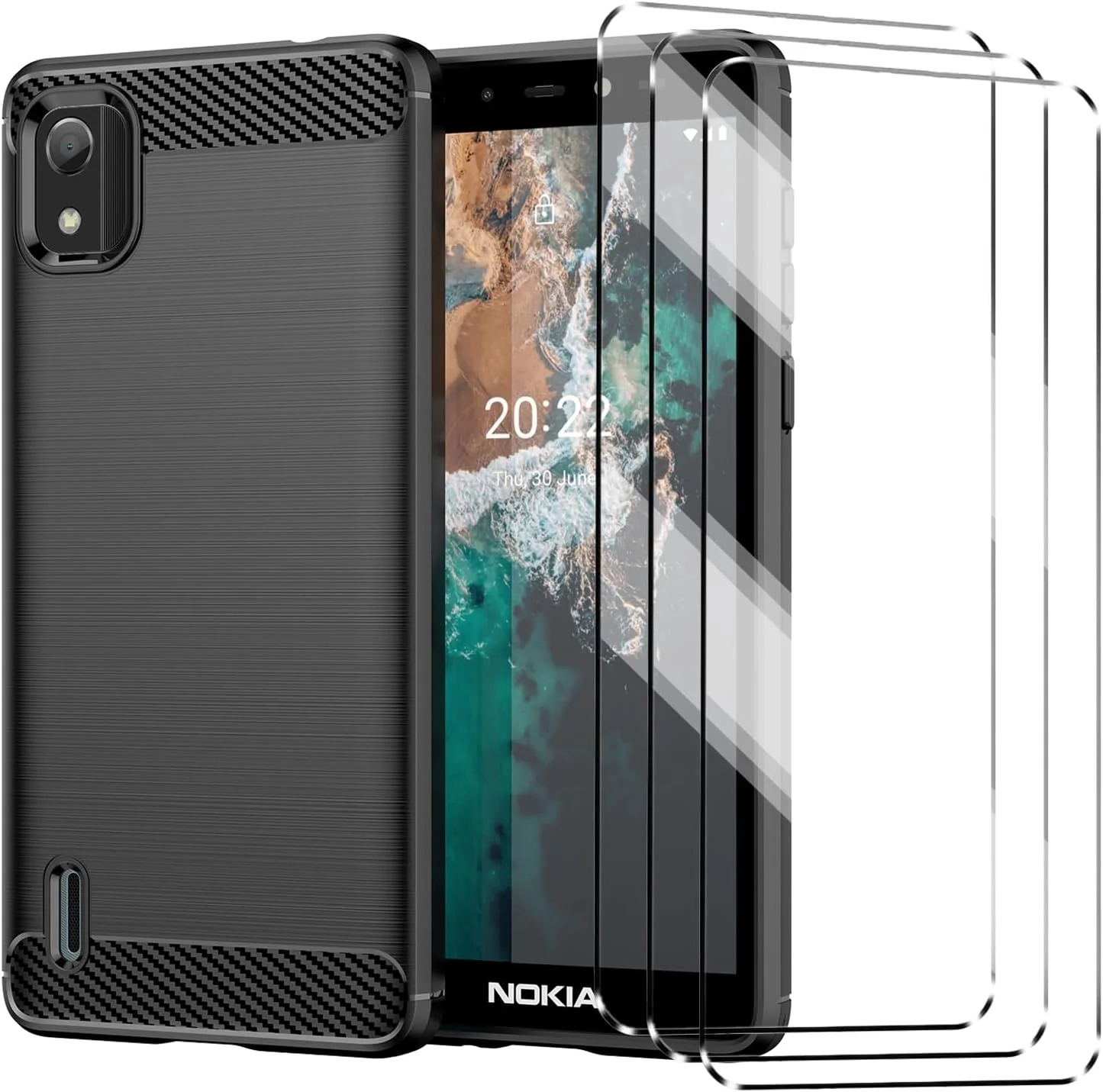 کاور [4 در 1] سازگار با نوکیا c2 ویرایش دوم به همراه 3 عدد محافظ صفحه نمایش شیشه ای حرارت دیده برای نوکیا c2 ویرایش دوم، کاور باریک و نرم TPU ضد ضربه و ضد خش - مشکی