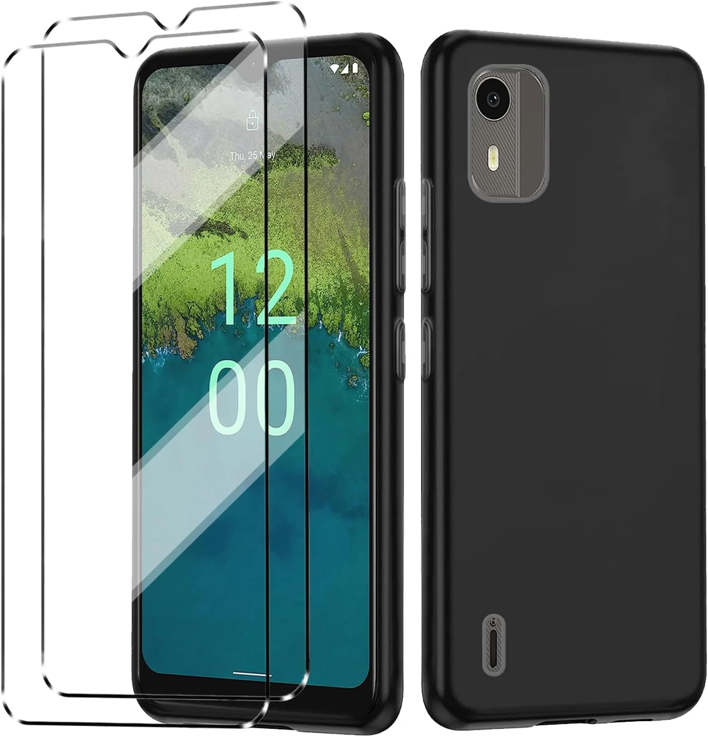 کاور محافظ گوشی هوشمند HuiYouMY مدل [3 در 1] سازگار با نوکیا C02 به همراه 2 عدد محافظ صفحه نمایش شیشه ای حرارت دیده، باریک، نرم، ضد ضربه و ضد خش - سرمه ای