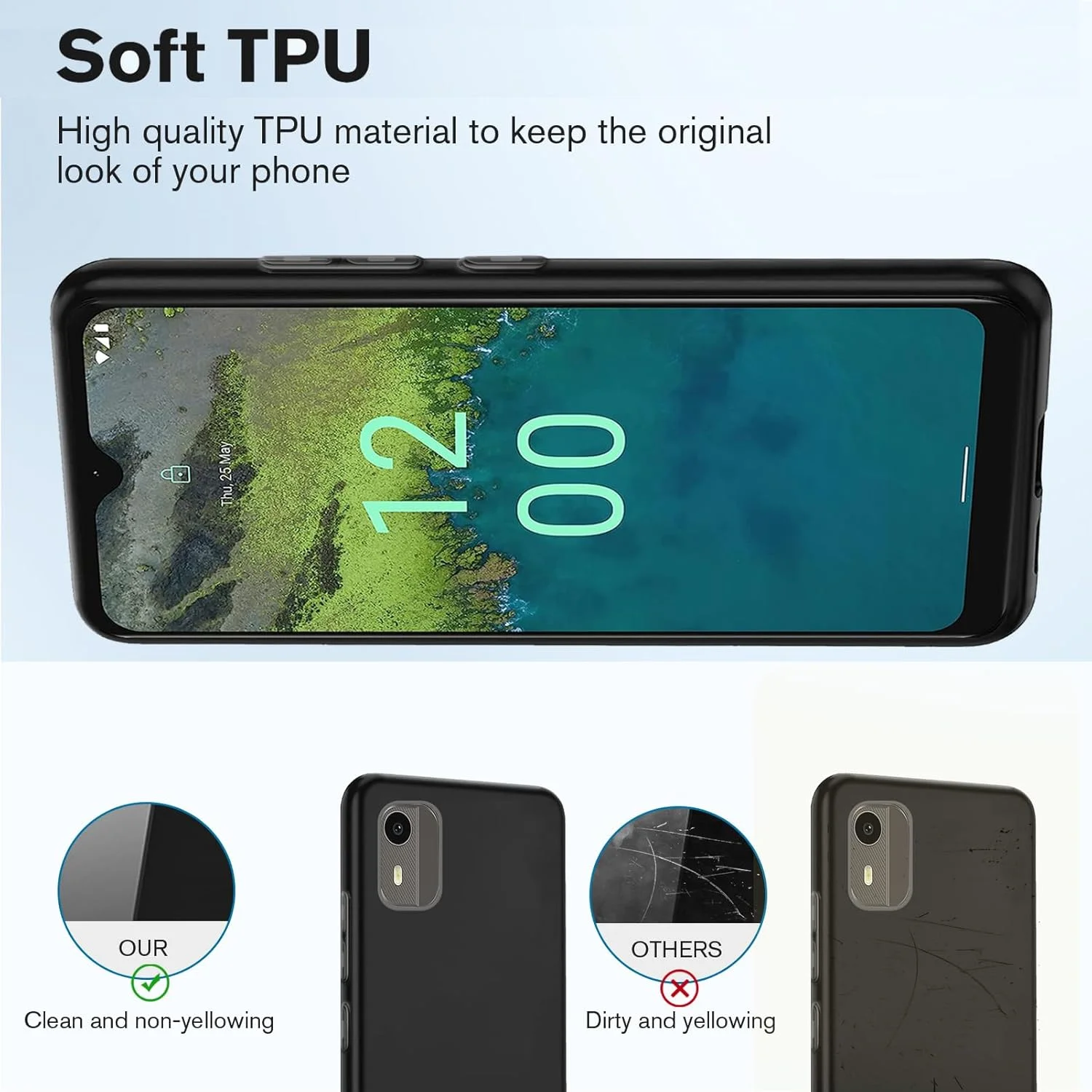 کاور محافظ گوشی هوشمند HuiYouMY مدل [3 در 1] سازگار با نوکیا C02 به همراه 2 عدد محافظ صفحه نمایش شیشه ای حرارت دیده، باریک، نرم، ضد ضربه و ضد خش - سرمه ای