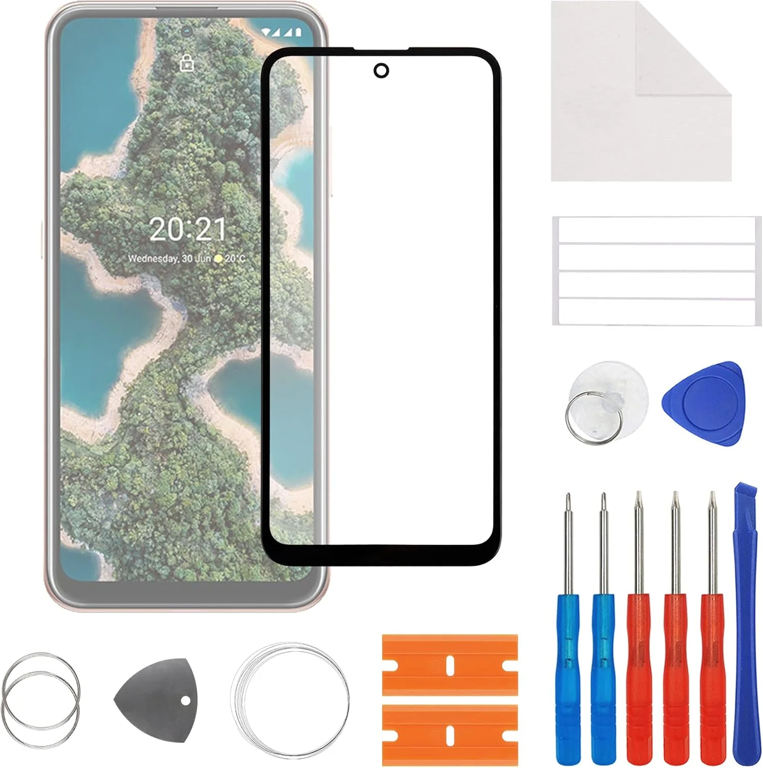 شیشه نمایشگر SwarKing، شیشه جلویی، لنز صفحه نمایش بیرونی سازگار با نوکیا X20 5G به همراه کیت تعمیر شیشه نمایشگر SwarKing، شیشه جلویی، لنز صفحه نمایش بیرونی سازگار با نوکیا X20 5G به همراه کیت تعمیر