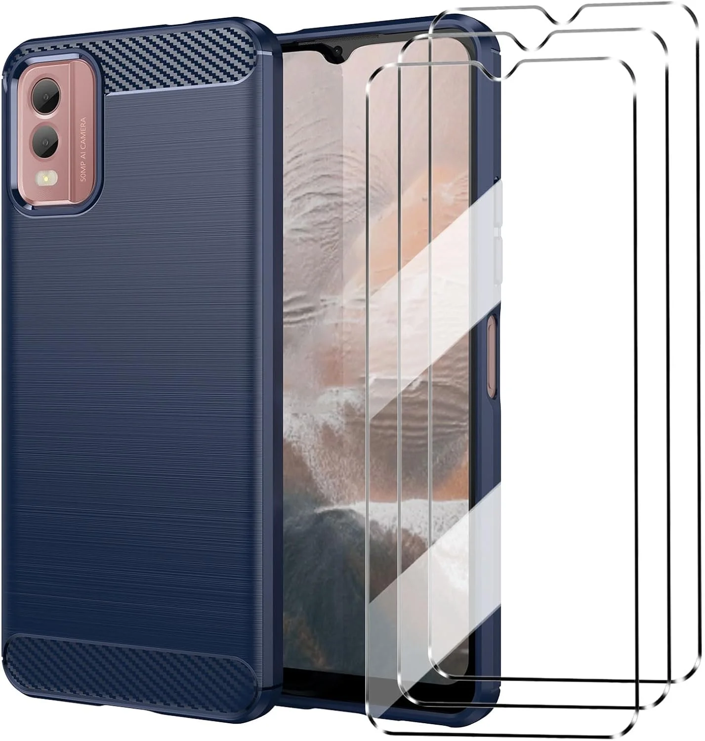 قاب محافظ هوشمند HuiYouMY [چهار در یک] سازگار با NOKIA C32 به همراه 3 عدد محافظ صفحه نمایش شیشه ای حرارت دیده برای NOKIA C32، قاب باریک و نرم TPU ضد ضربه و ضد خش - سرمه ای