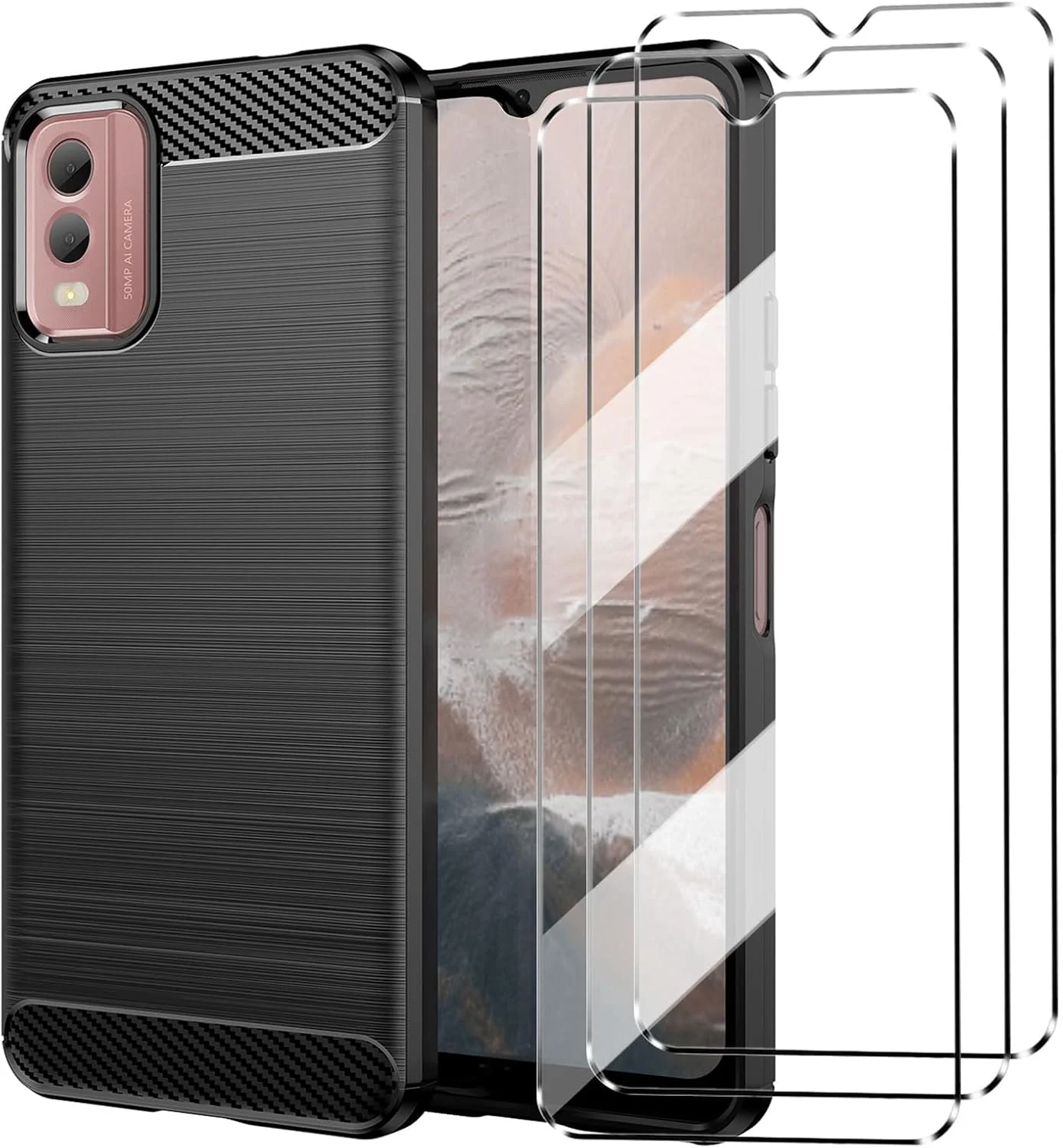 کاور گوشی هوشمند HuiYouMY [چهار در یک] سازگار با نوکیا C32 به همراه 3 عدد محافظ صفحه نمایش شیشه ای حرارت دیده، کاور باریک و نرم TPU ضد ضربه و ضد خش - مشکی