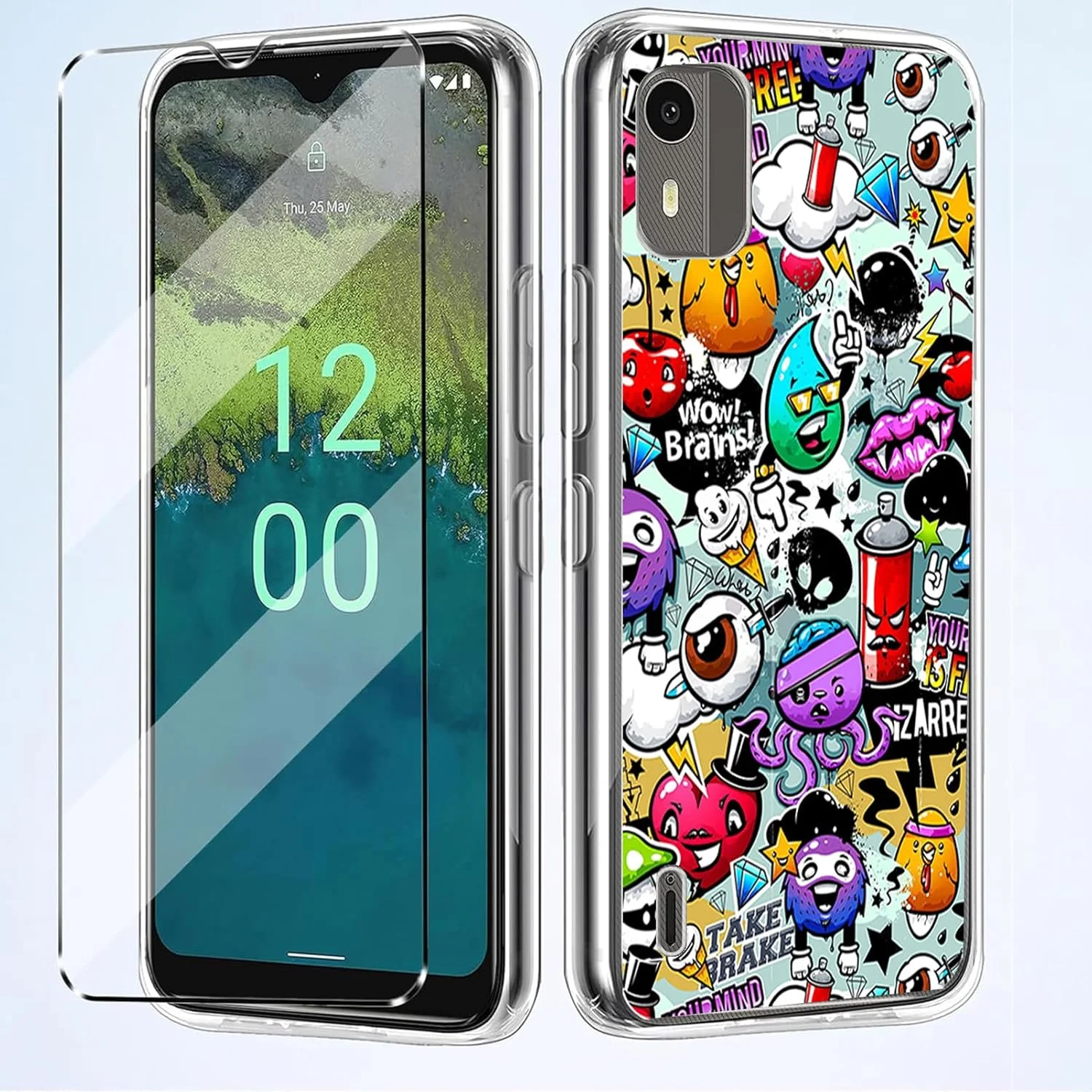 کاور [2 در 1] سازگار با NOKIA C12 به همراه یک محافظ صفحه نمایش شیشه ای حرارت دیده برای NOKIA C12، کاور باریک و نرم TPU ضد ضربه و ضد خش - طرح خط خطی