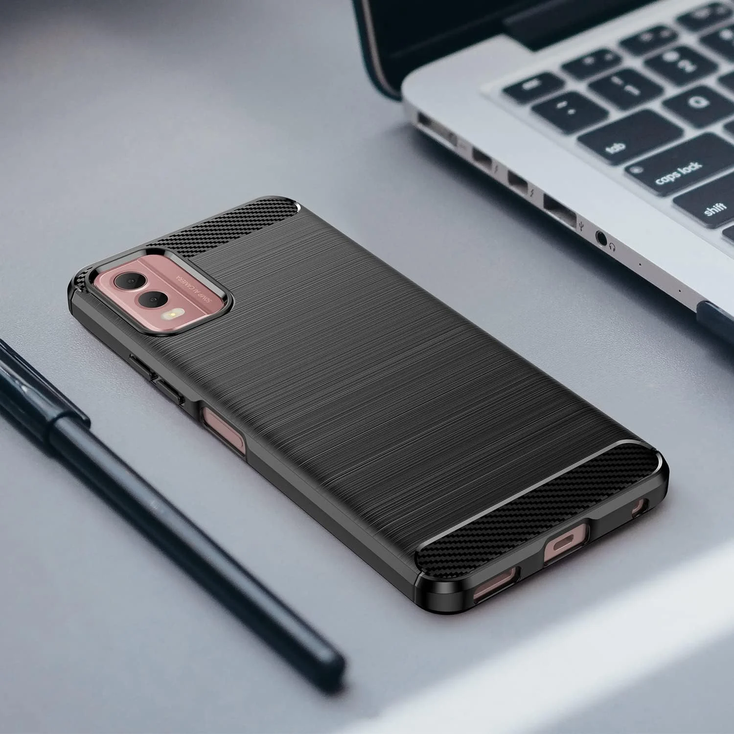 کاور گوشی هوشمند HuiYouMY [چهار در یک] سازگار با نوکیا C32 به همراه 3 عدد محافظ صفحه نمایش شیشه ای حرارت دیده، کاور باریک و نرم TPU ضد ضربه و ضد خش - مشکی