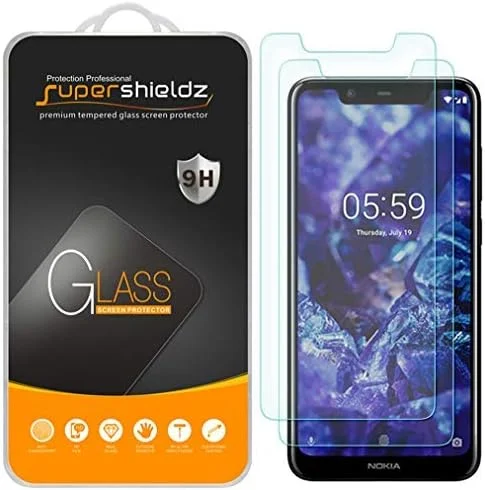 محافظ صفحه نمایش شیشه ای حرارت دیده سوپرشیلدز [2 عددی] برای نوکیا (5.1 پلاس)، ضد خش، بدون حباب، تعویض مادام العمر