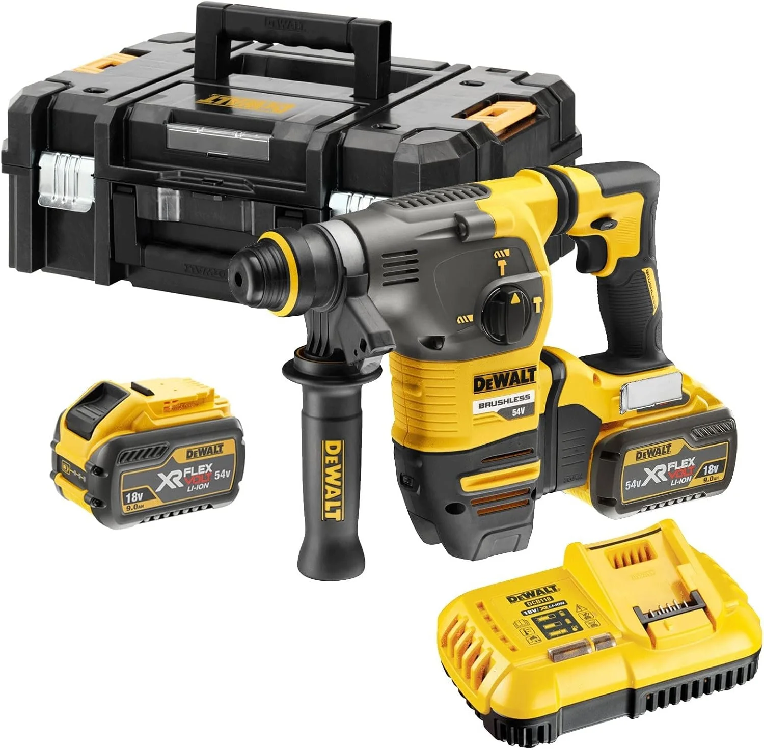 چکش تخریب 54 ولت SDS+ DeWalt بدون QCC با 2 باتری 3 آمپر ساعت و شارژر در جعبه کیت، زرد/مشکی، DCH333X2-GB چکش تخریب 54 ولت SDS+ DeWalt بدون QCC با 2 باتری 3 آمپر ساعت و شارژر در جعبه کیت، زرد/مشکی، DCH333X2-GB