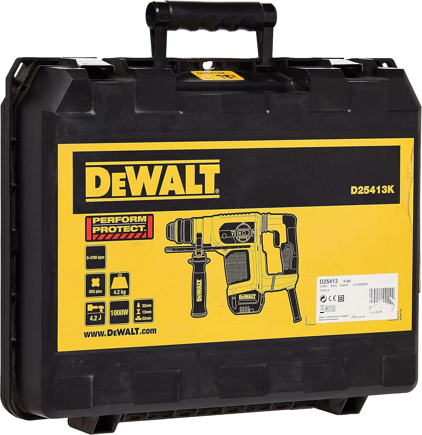 دوالت 32 میلی متر، 1000 وات، SDS Plus سرعت متغیر، چکش، زرد/مشکی، D25413K-B5